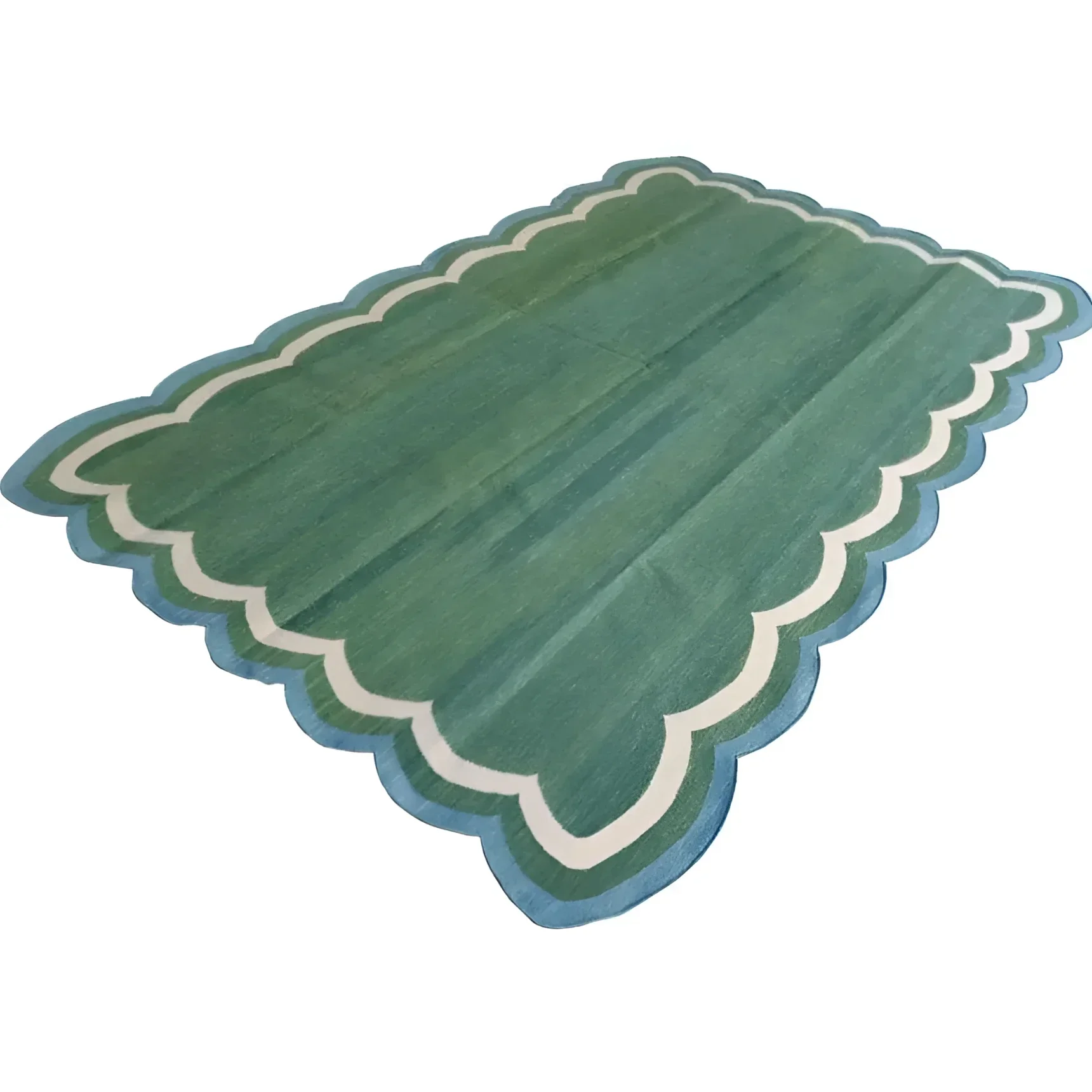 Handmade Reversible Cotton Scalloped Rug - Cream, Blue and Green - Image 5