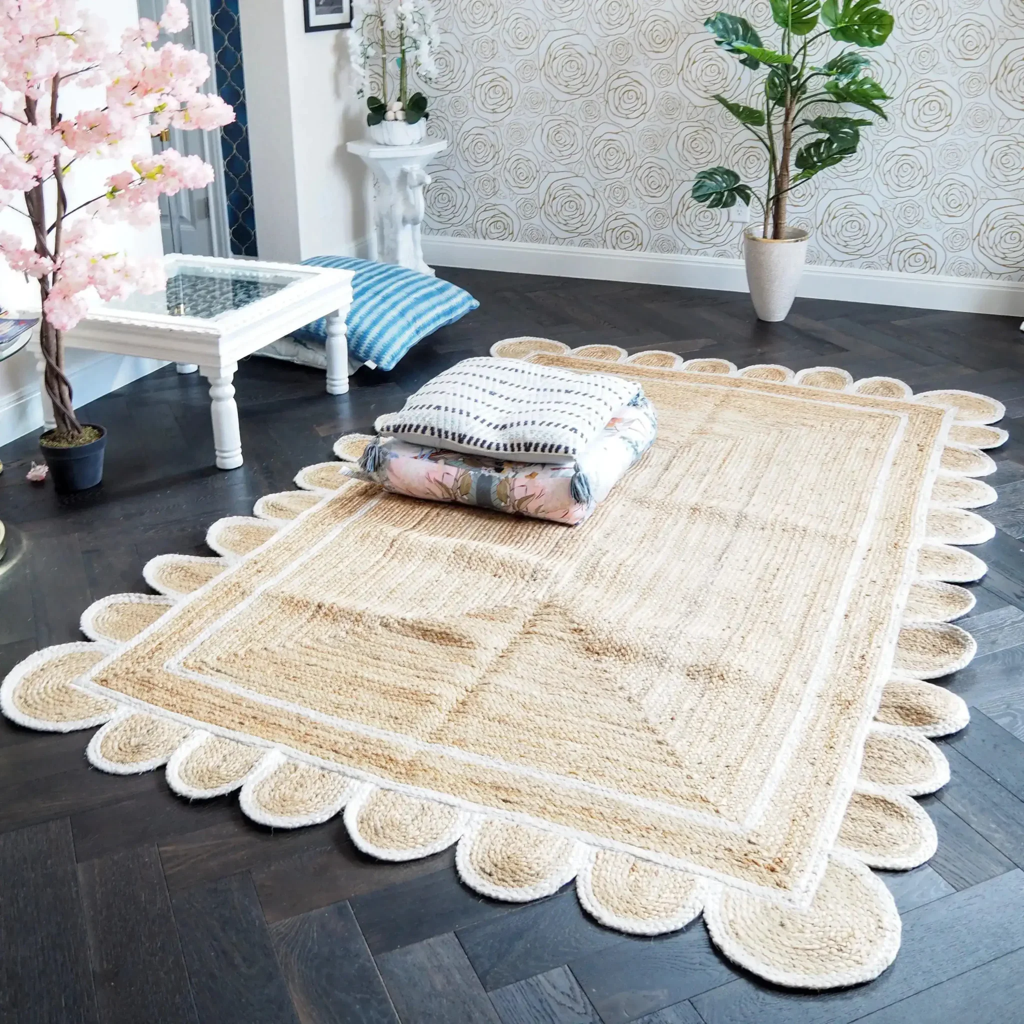 Handmade White Scalloped Jute Rug - Image 8