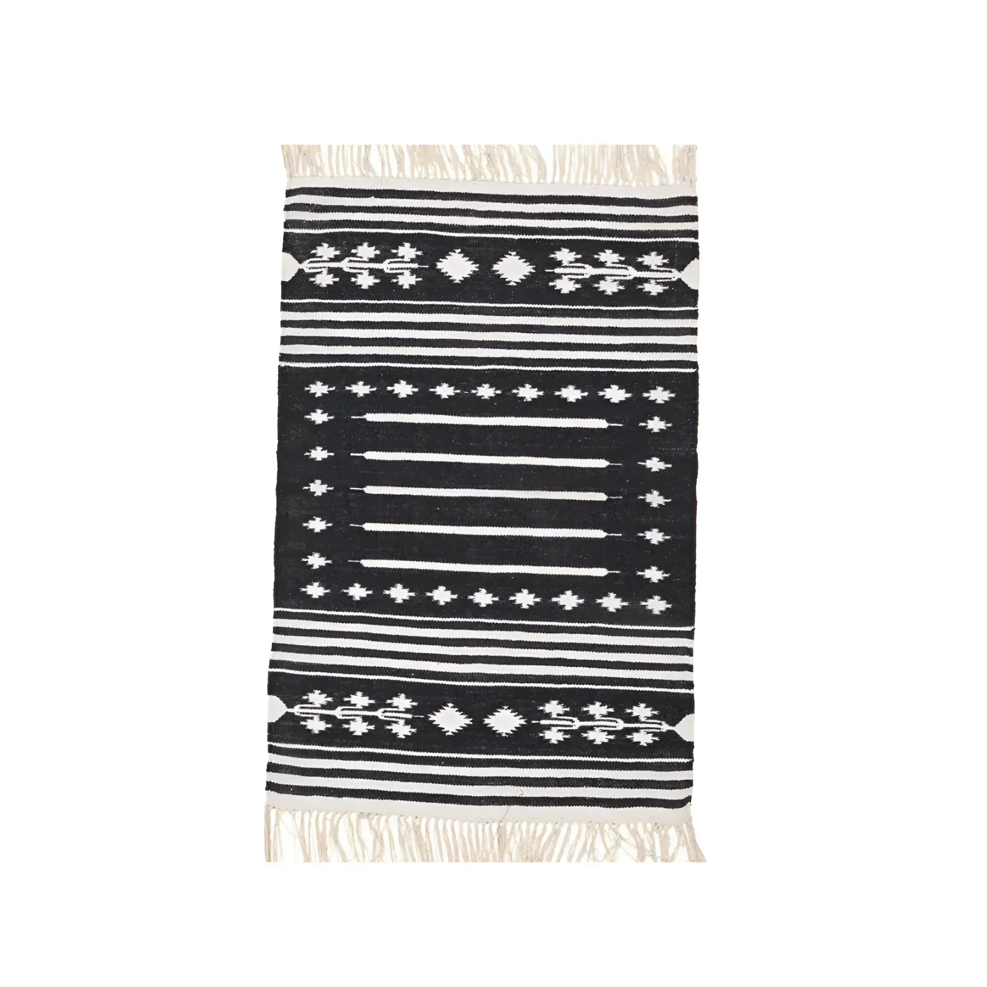 Handwoven Black and White Traditional Patterned Cotton Rug with Fringes - Image 2