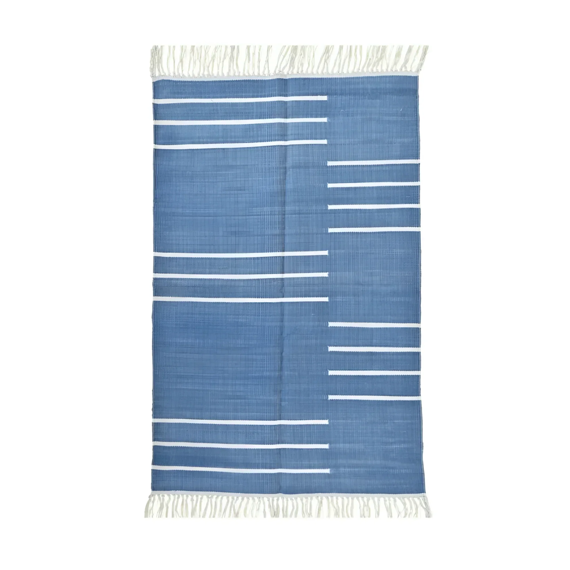 Handwoven Blue and White Miniamlistic Cotton Rug with Fringes - Image 2