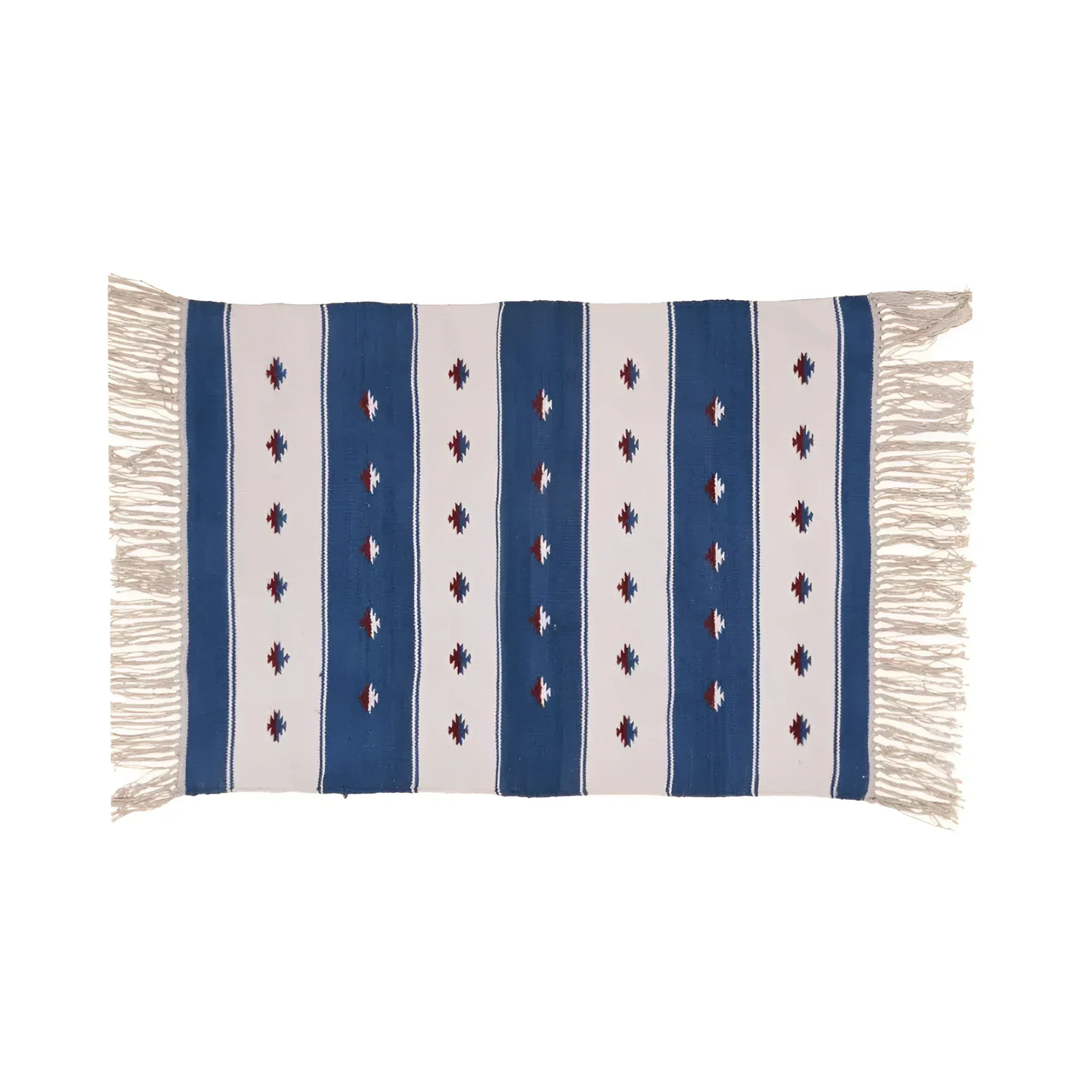 Handwoven Blue and White Stripe Accent Cotton Rug with Fringes