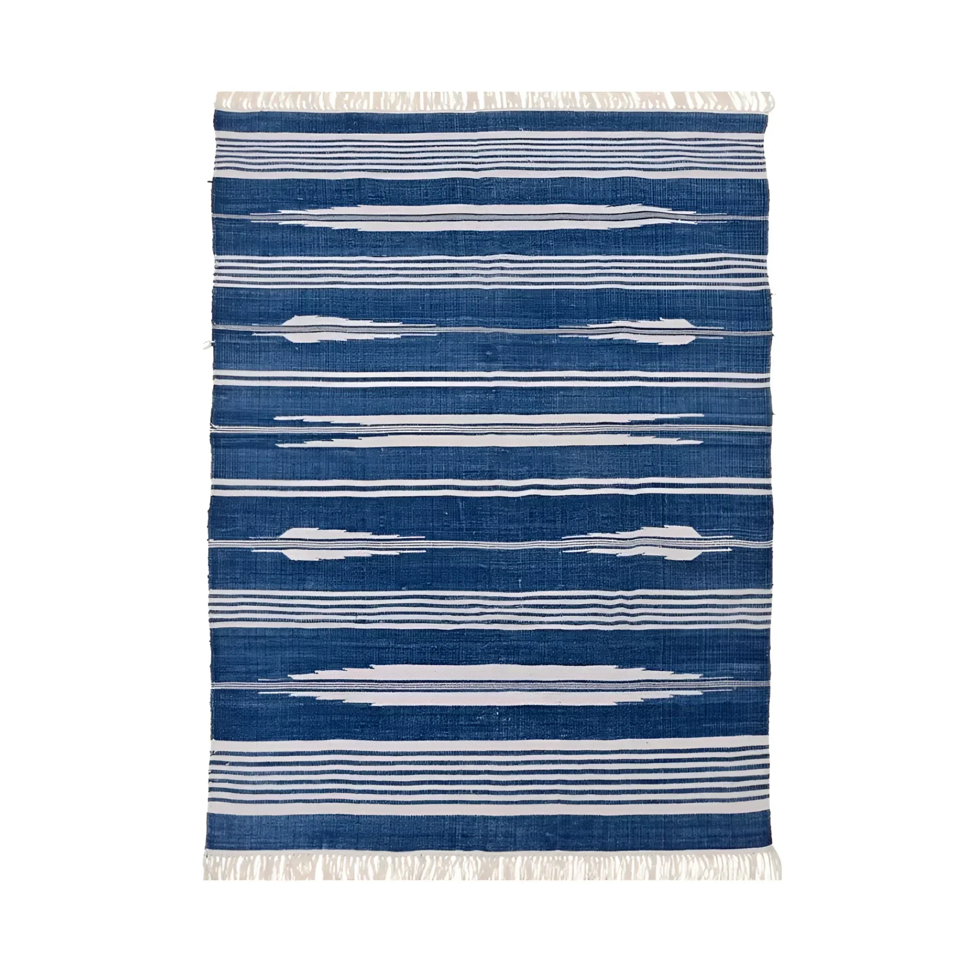 Handwoven Blue and White Stripe Patterned Cotton Rug with Fringes - Image 2