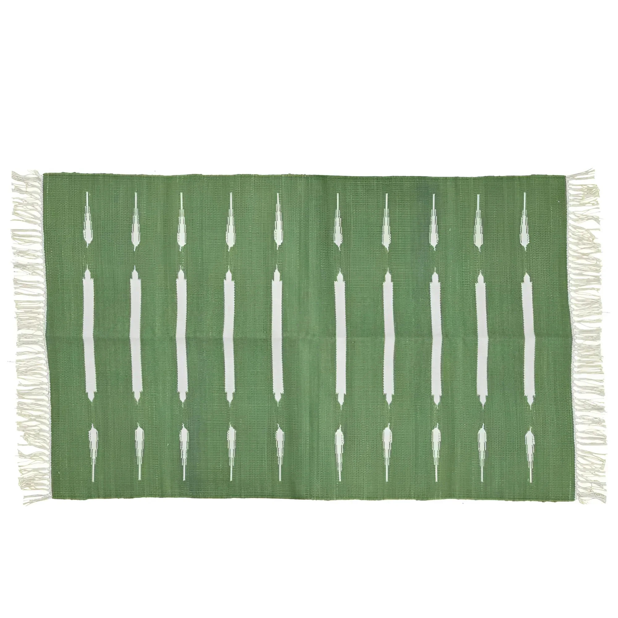 Handwoven Green and White Stripe Cotton Rug with Fringes - Image 2
