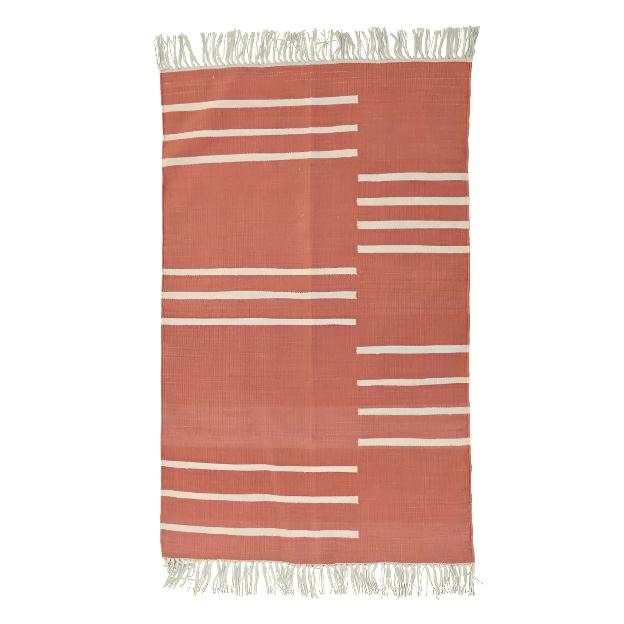 Handwoven Orange and White Minimalistic Cotton Rug with Fringes - Image 2