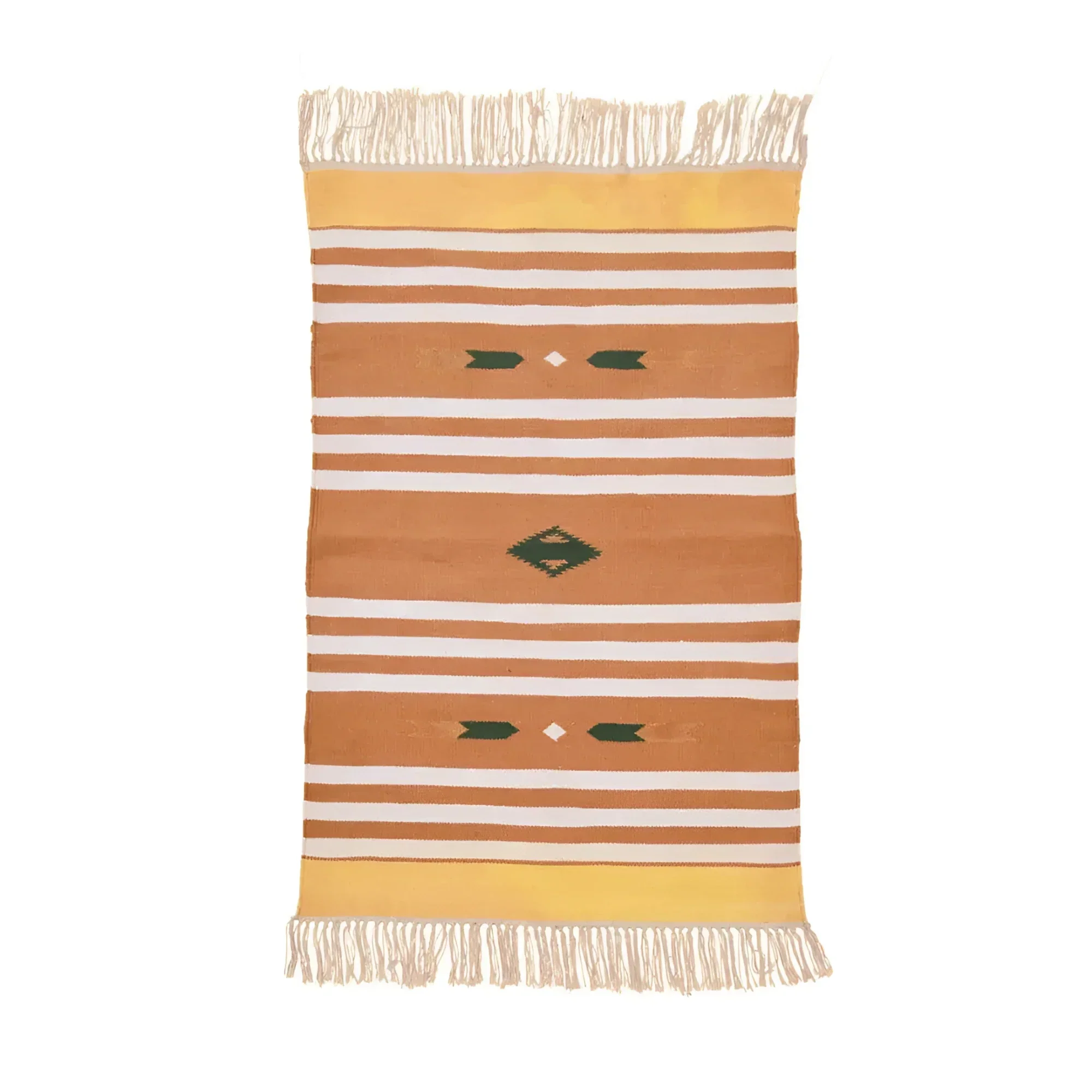 Handwoven Orange and White Patterned Cotton Rug with Fringes - Image 2