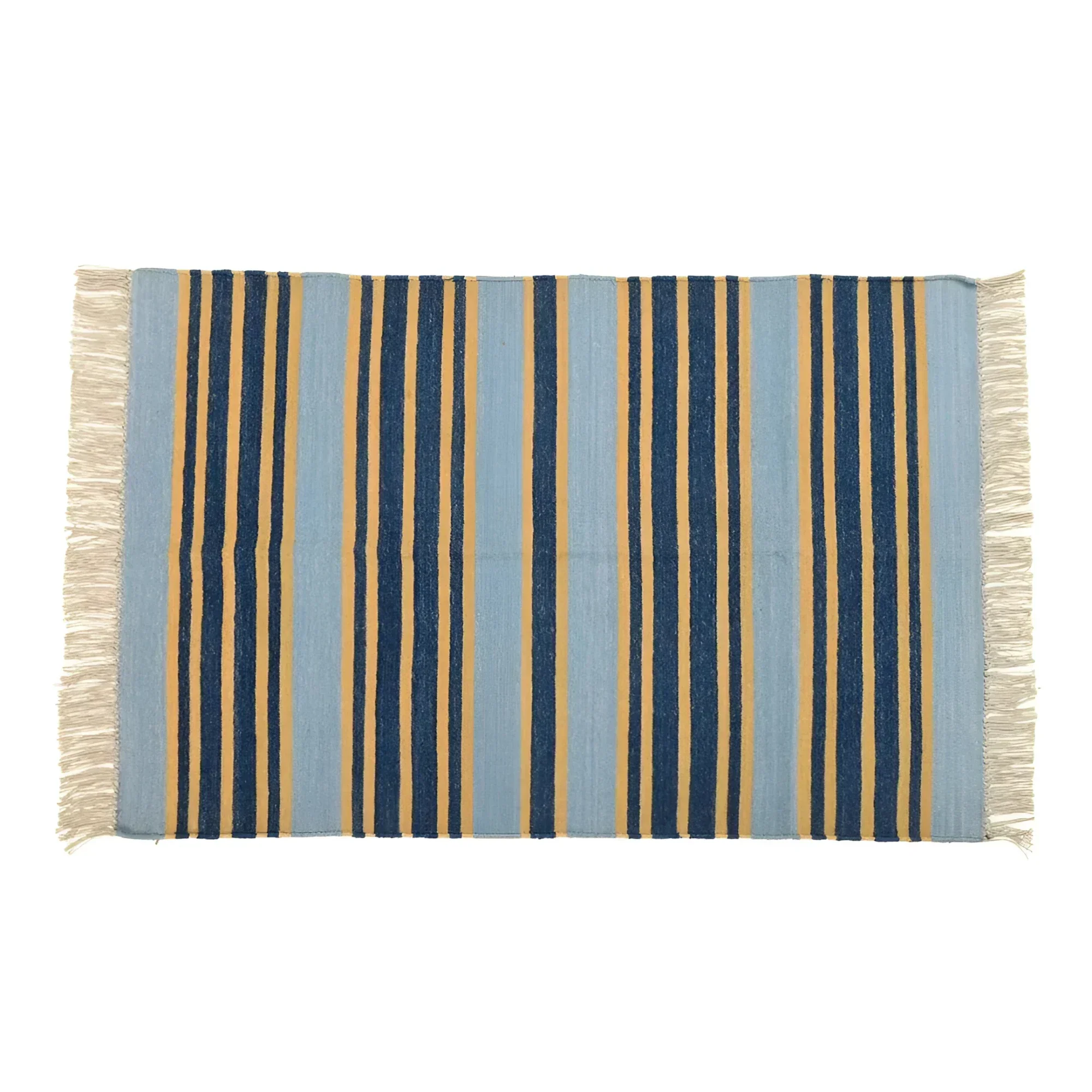 Handwoven Pastel Tumeric Stripe Cotton Rug with Fringes - Image 2