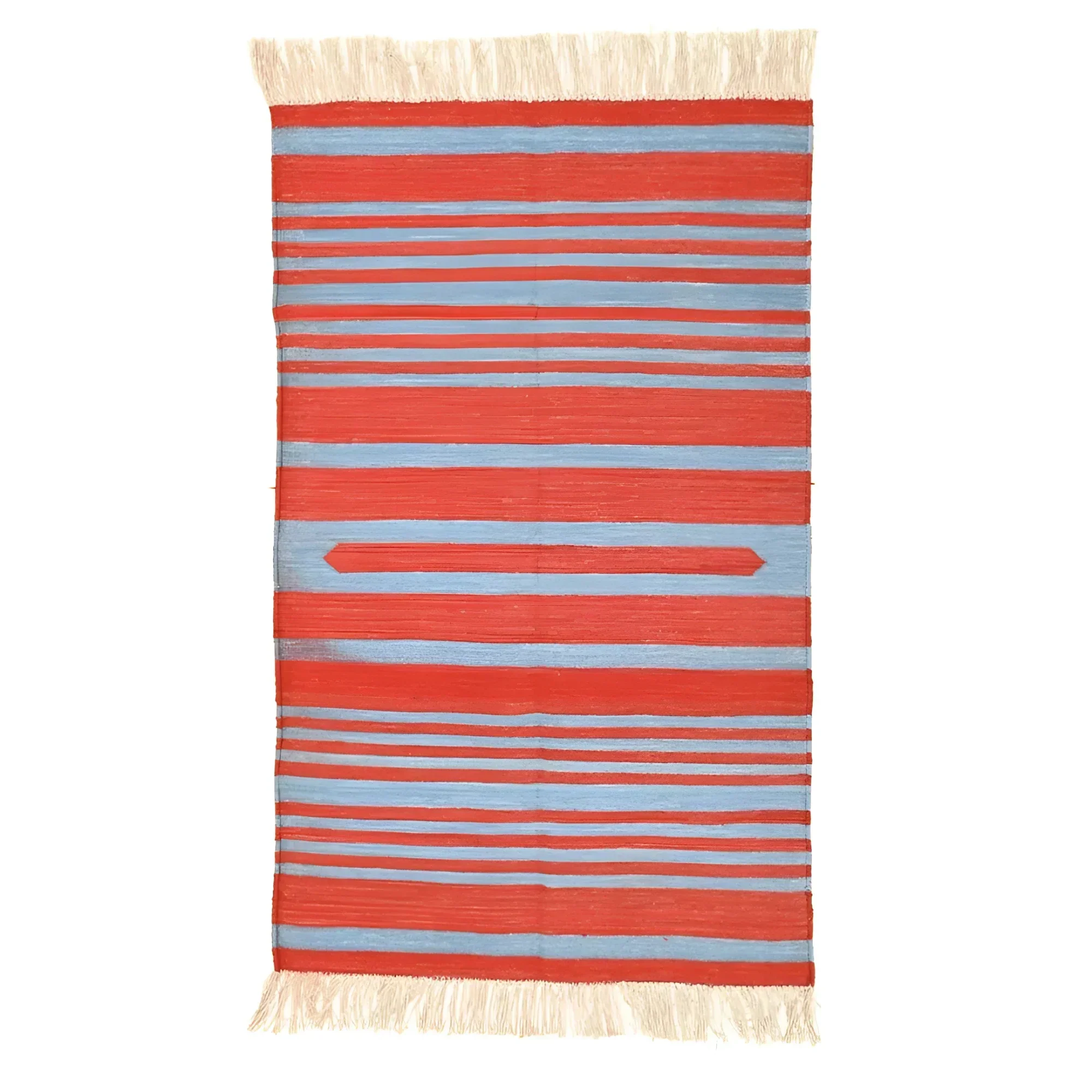 Handwoven Red and Blue Stripe Cotton Rug with Fringes - Image 2