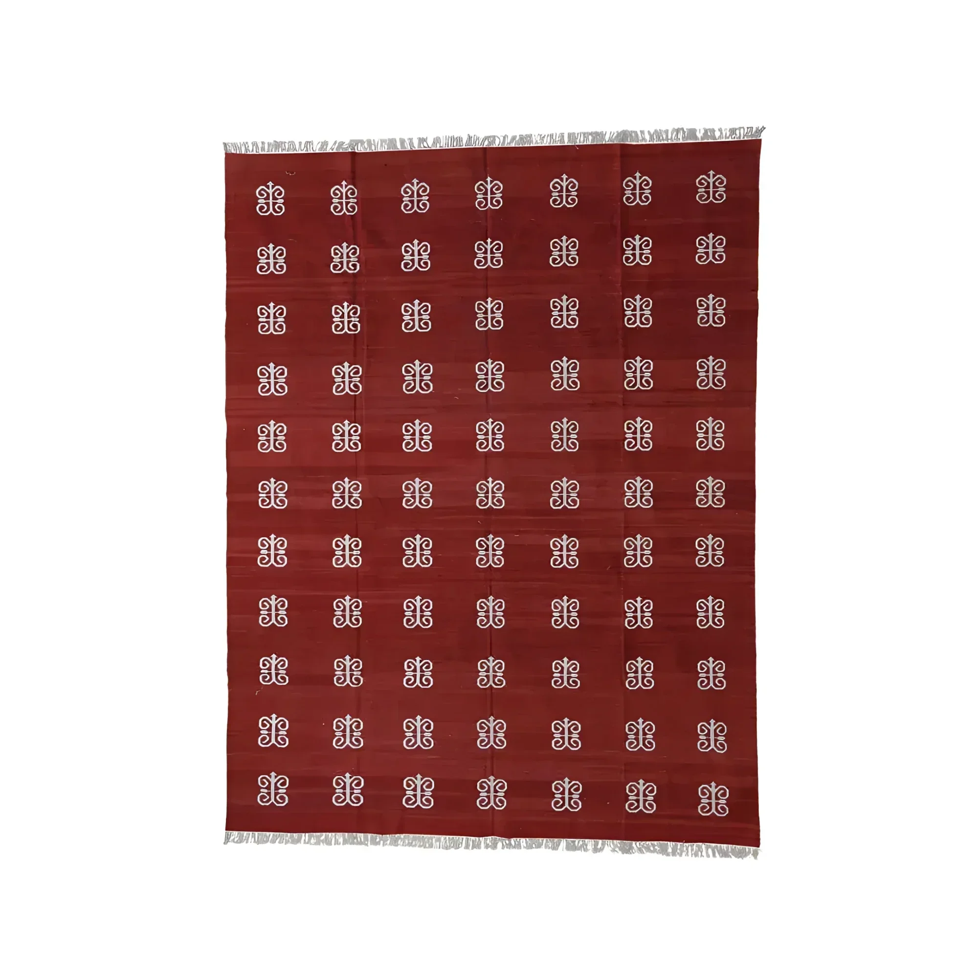 Handwoven Red and White Butterfly Inspired Cotton Rug with Fringes - Image 2