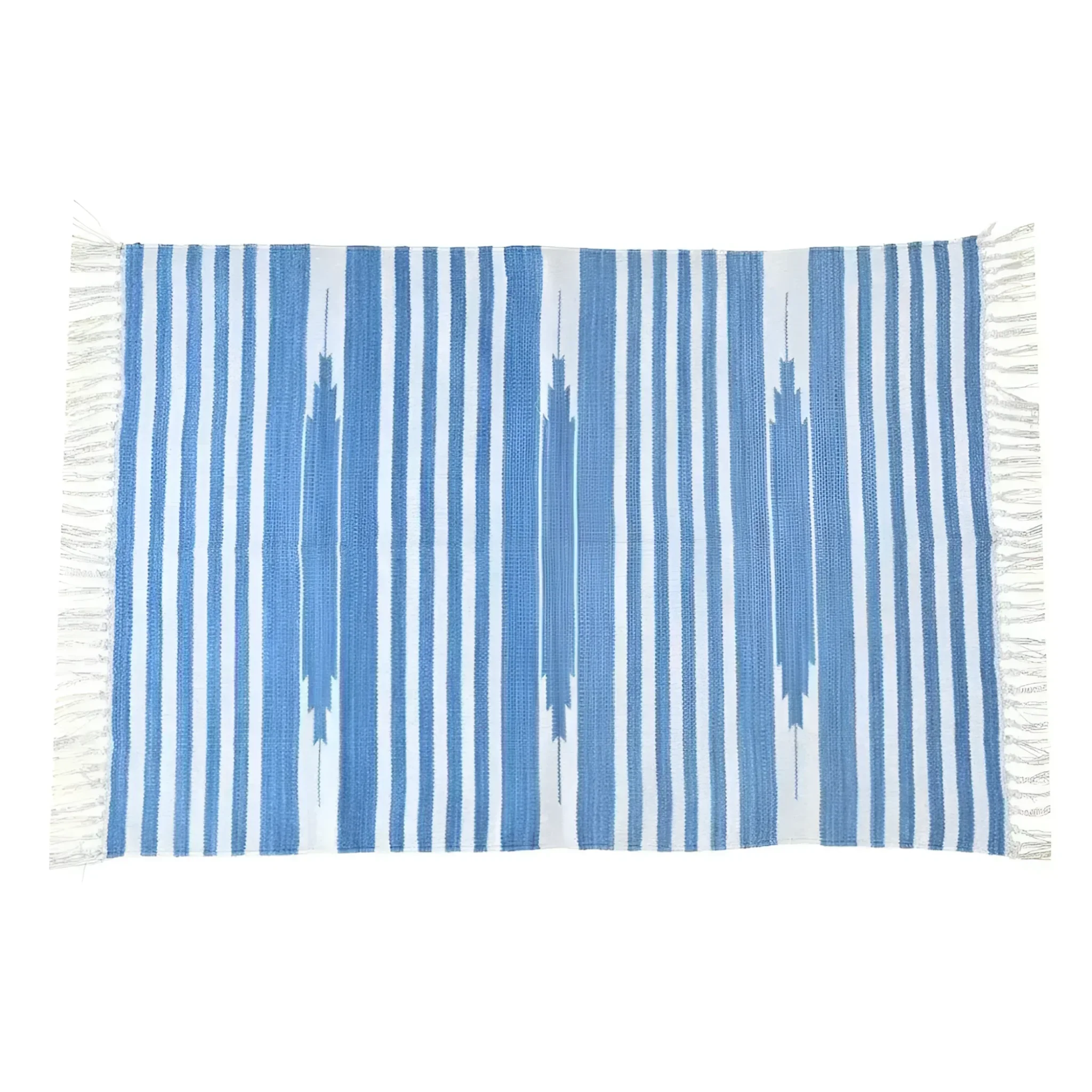 Handwoven Sky Blue and White Stripe Cotton Rug with Fringes