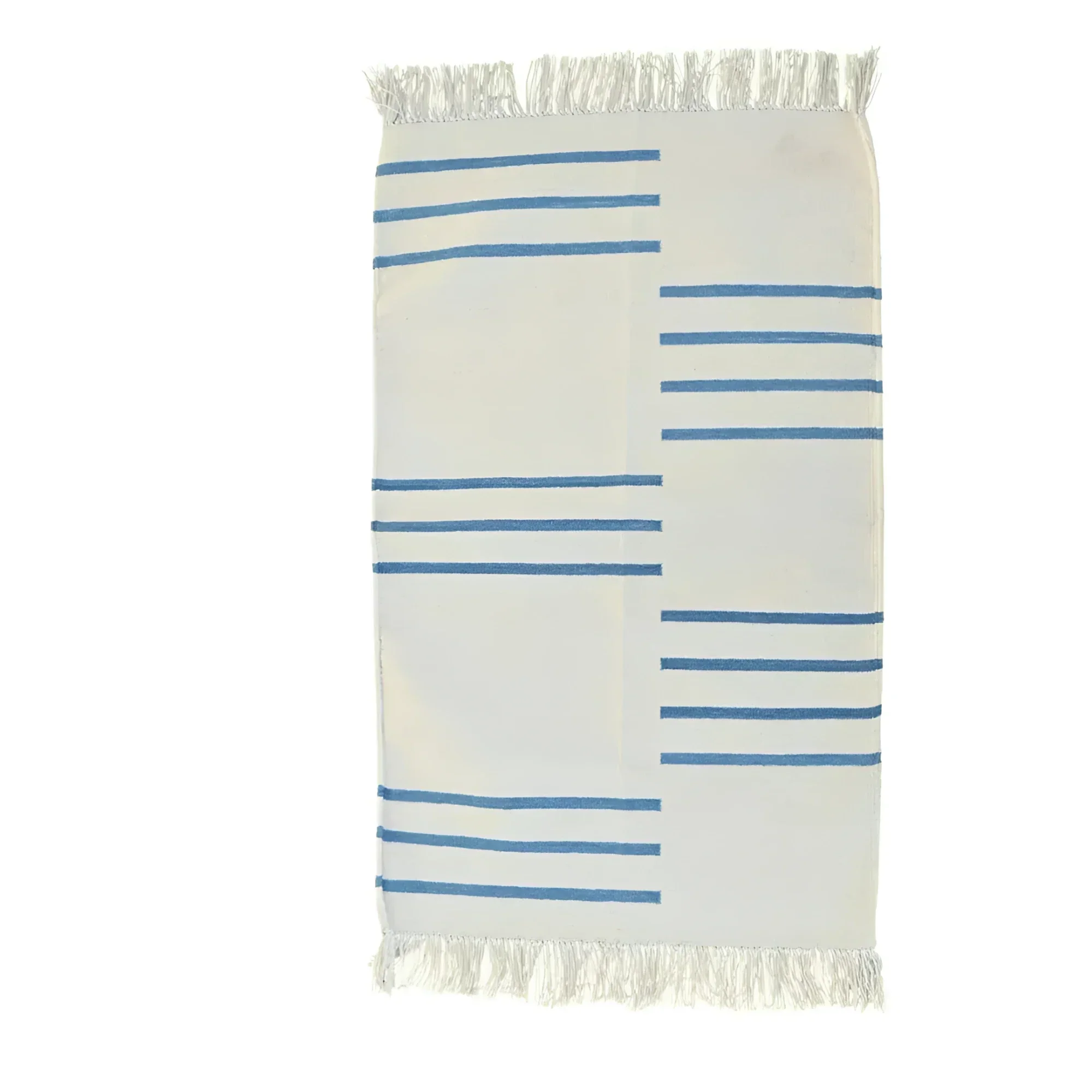 Handwoven White and Blue Minimalistic Cotton Rug with Fringes - Image 2