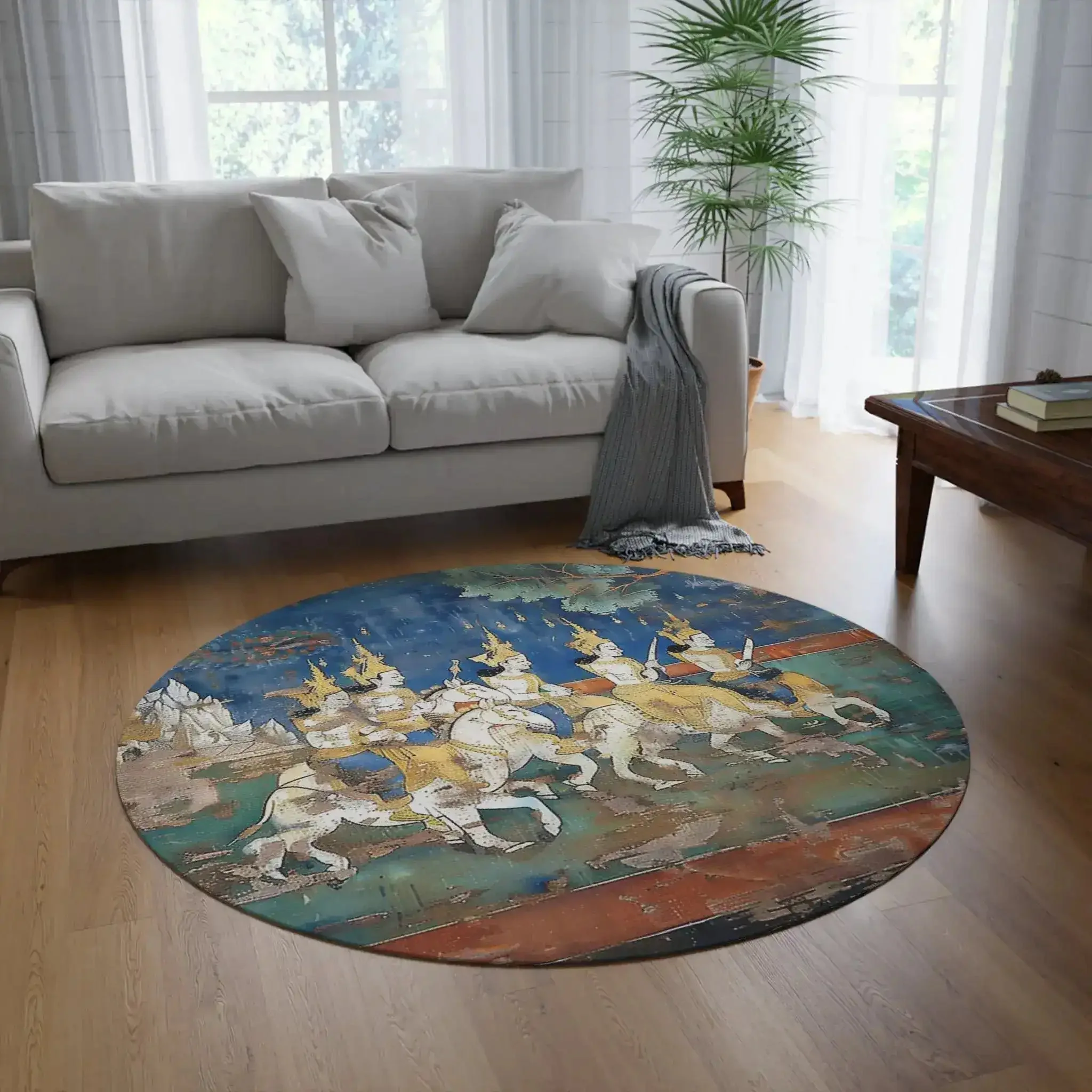 Historic Thai Warrior Mural Round Rug - Image 2