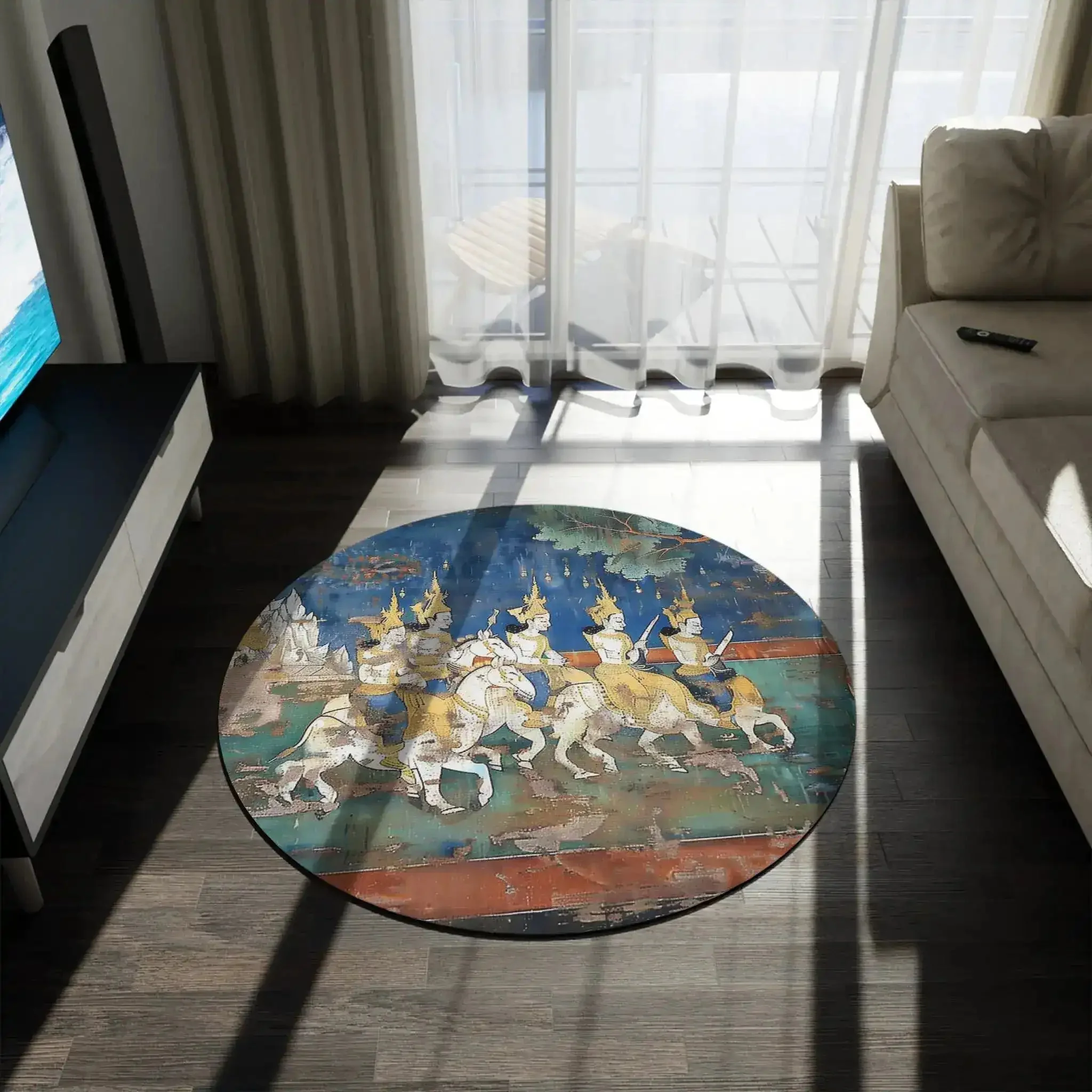Historic Thai Warrior Mural Round Rug - Image 4