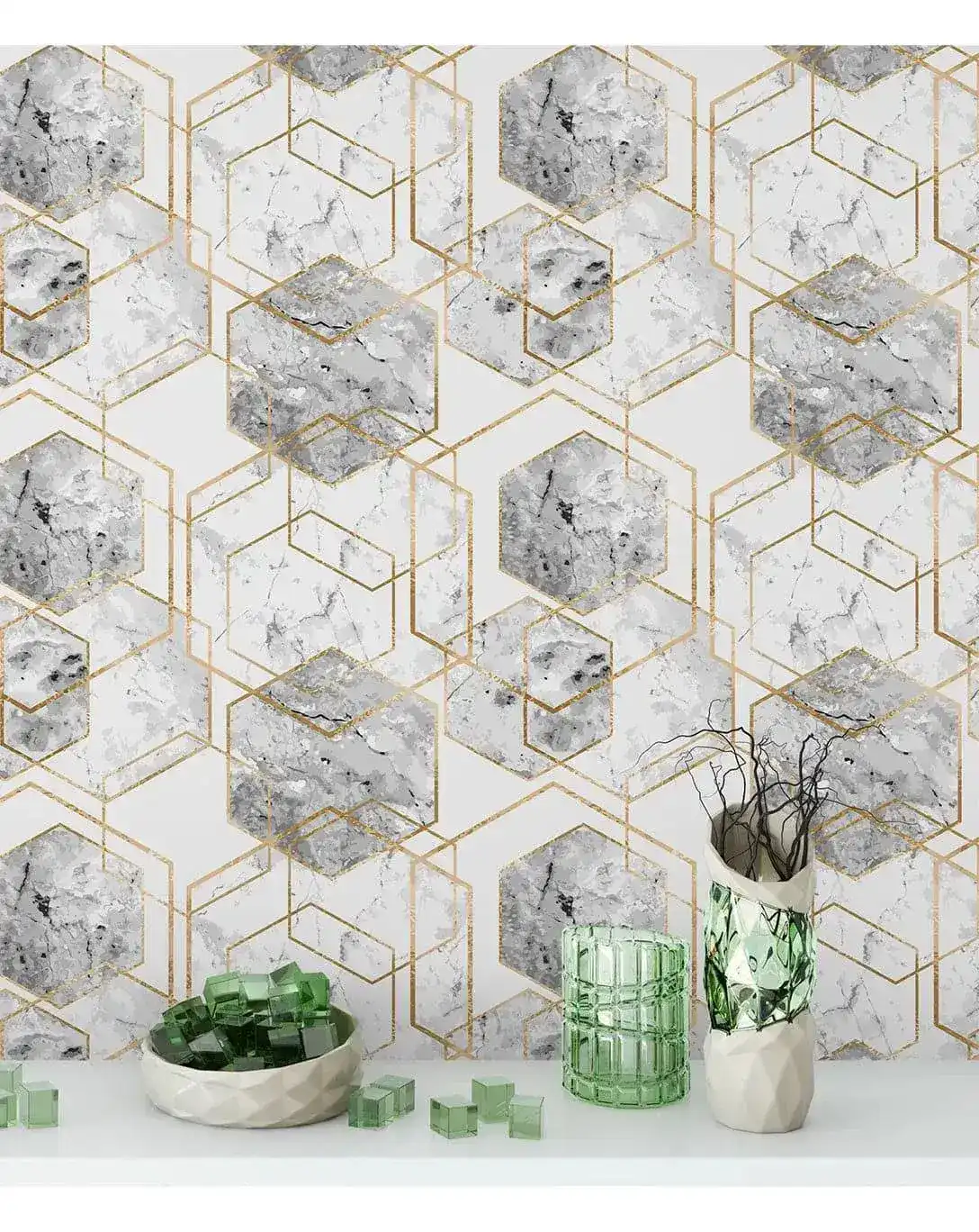 Honeycomb Marble Gold Hexagon Wallpaper - Image 3