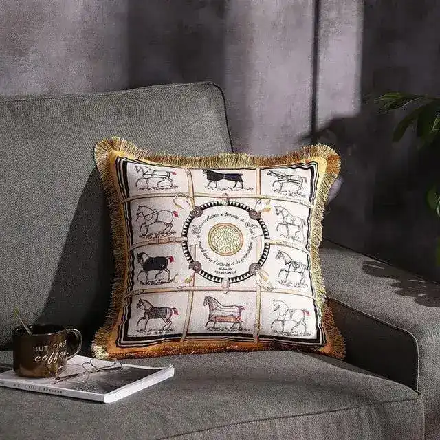 Horses of Hermes White Velvet Throw Pillow Cover with Tassel