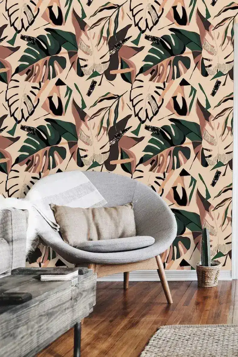 Illustrated Colorful Tropical Monstera Leaves Wallpaper - Image 4