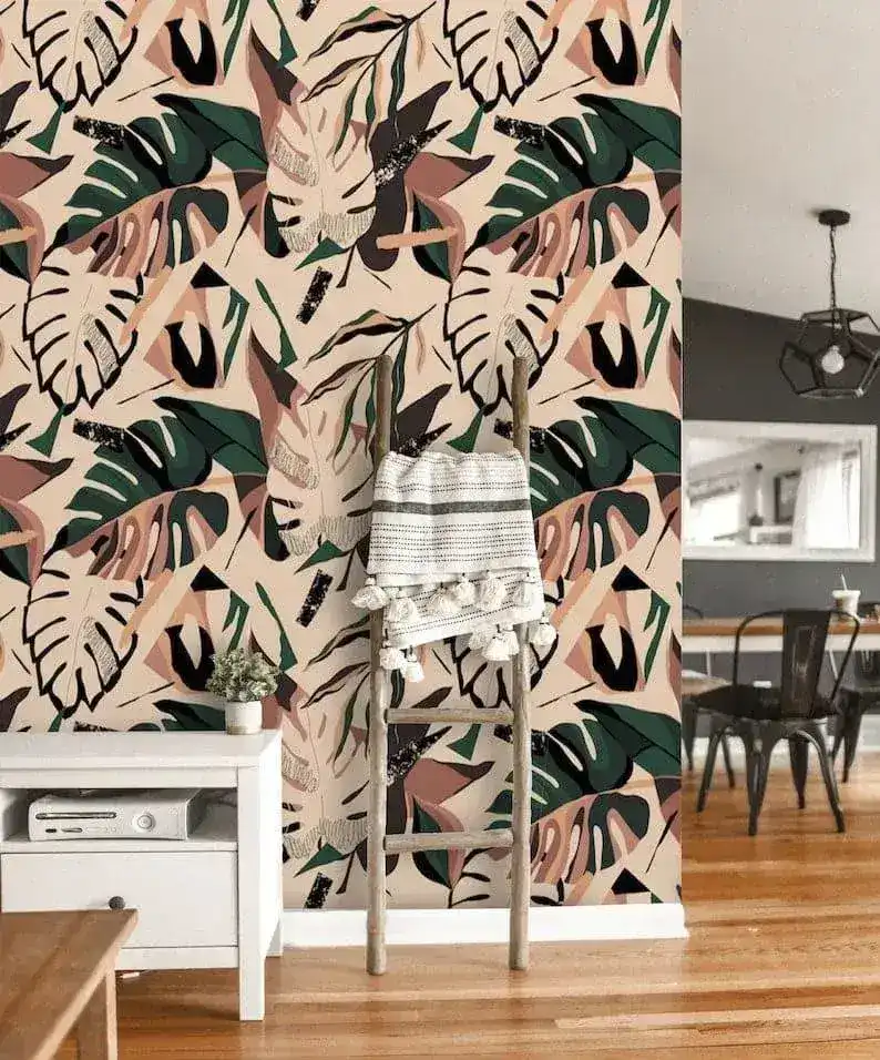 Illustrated Colorful Tropical Monstera Leaves Wallpaper - Image 5