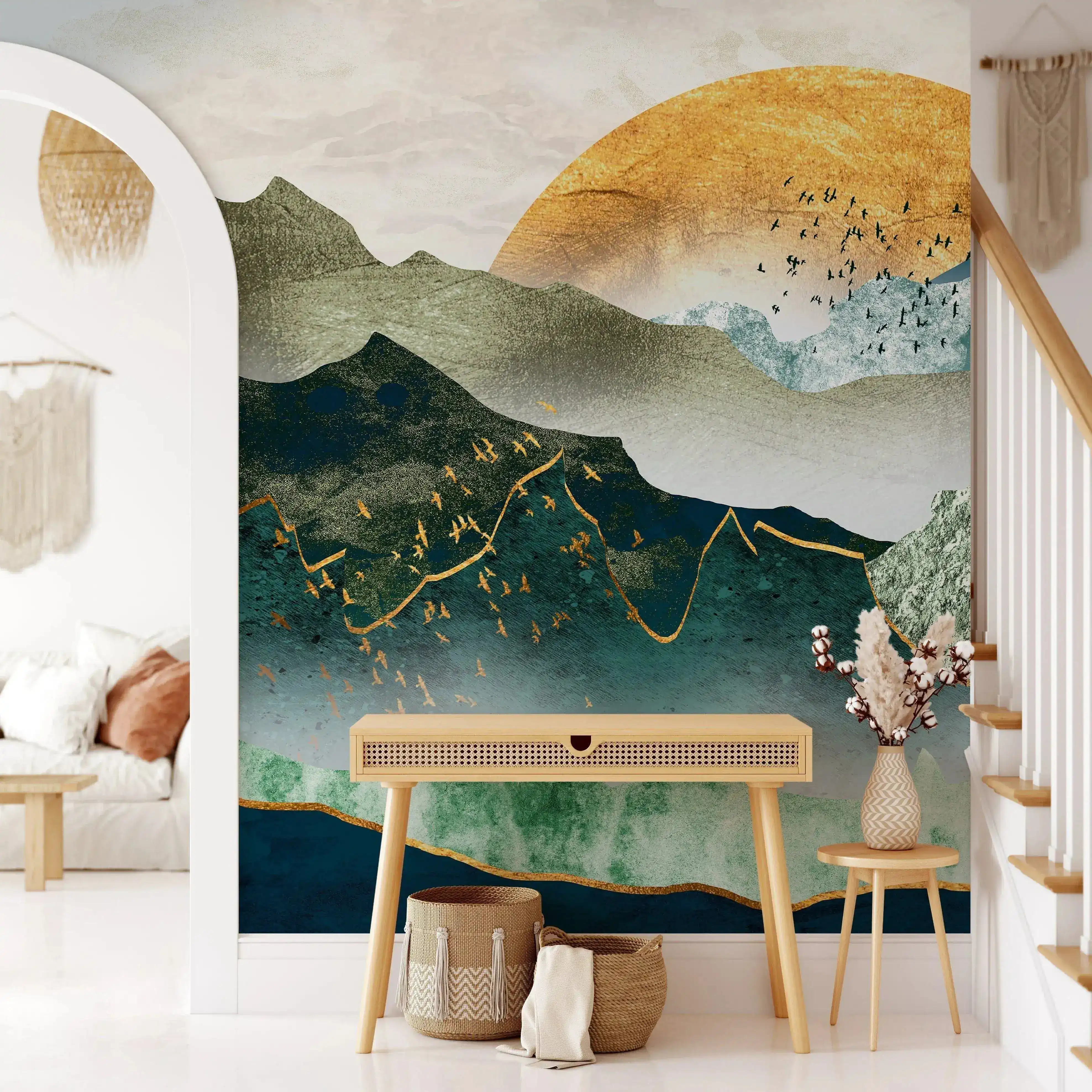 Illustration Green Mountain By Sunset Wall Mural - Image 2