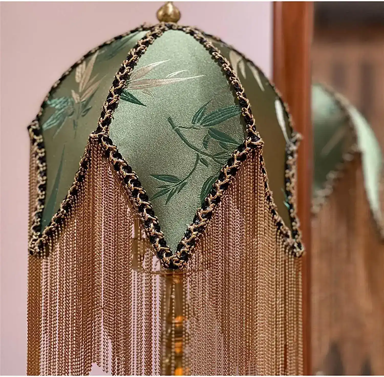 Jacquard Green Bamboo Leaf Antique Lampshade with Tassels - Image 2