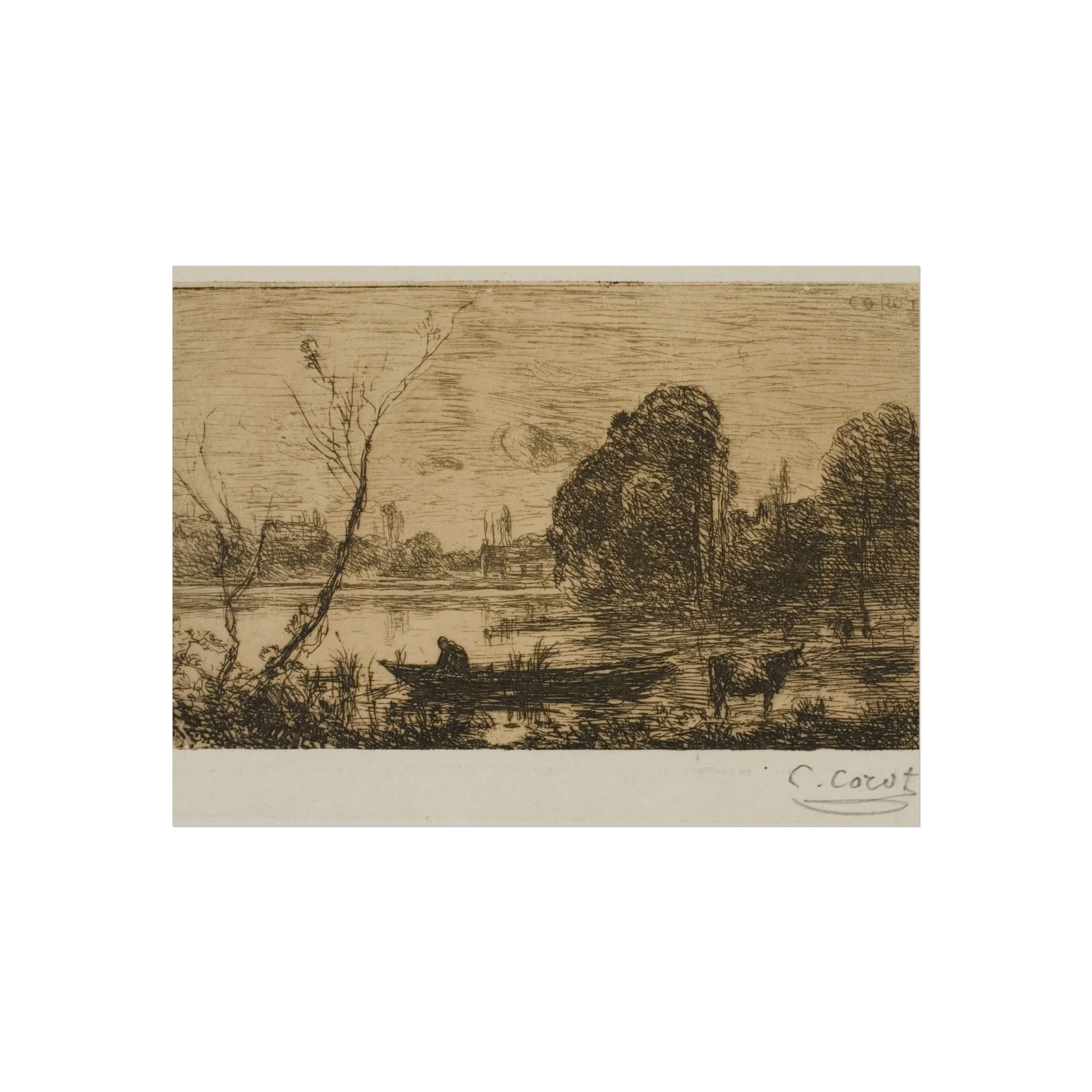 Jean Baptiste Camille Corot - Ville d'Avray Pond with Boatman, Evening | Fine Art Poster - Image 3