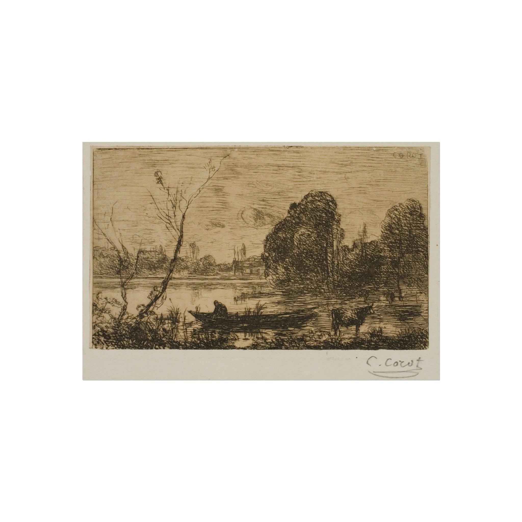 Jean Baptiste Camille Corot - Ville d'Avray Pond with Boatman, Evening | Fine Art Poster - Image 4