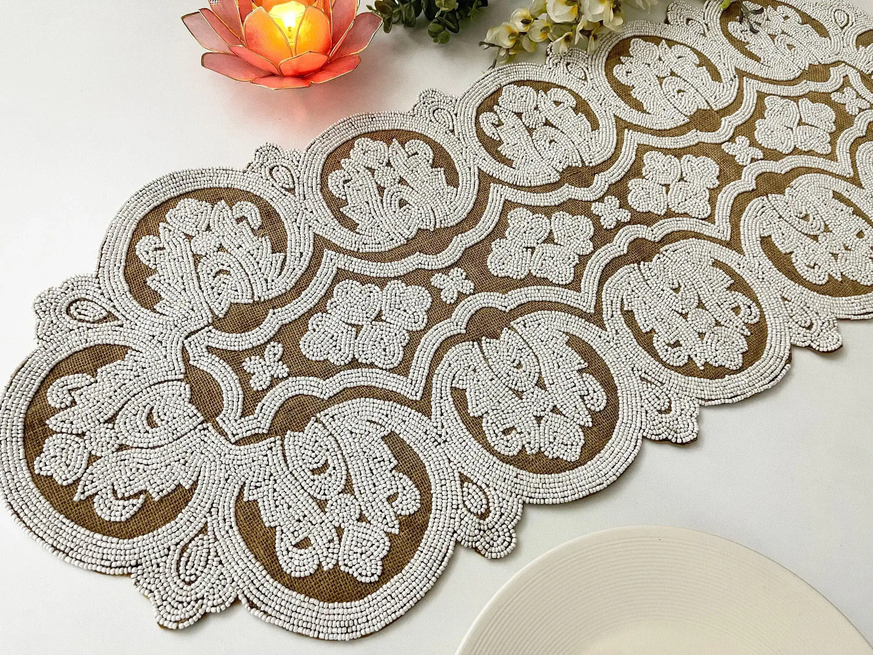 Jessica Pearl Beaded Burlap Table Runner - Image 5