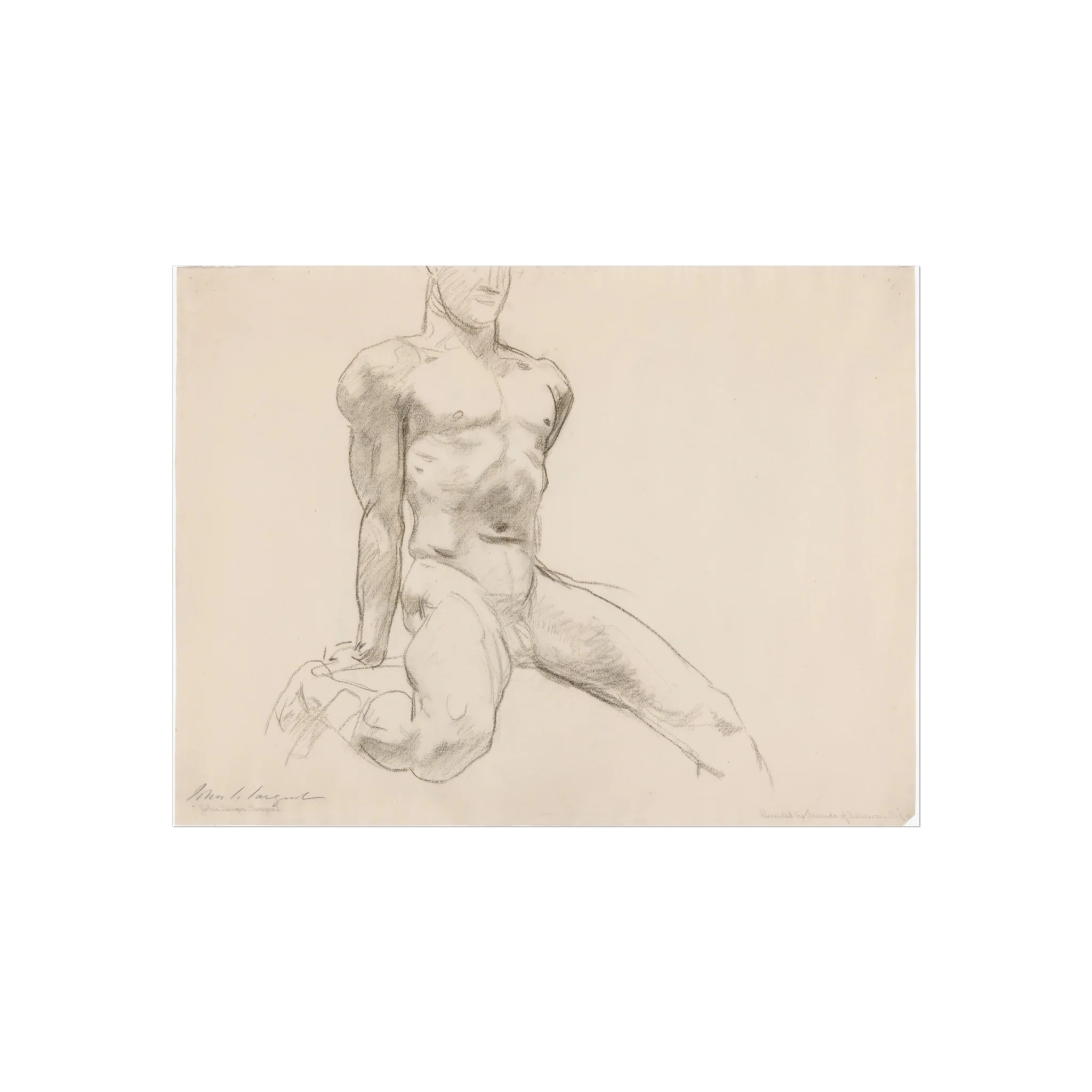 John Singer Sargent - Seated Male Nude with Extended Leg (recto); Sketch of Kneeling Male Nude and Divided Circle (verso | Fine Art Poster - Image 3