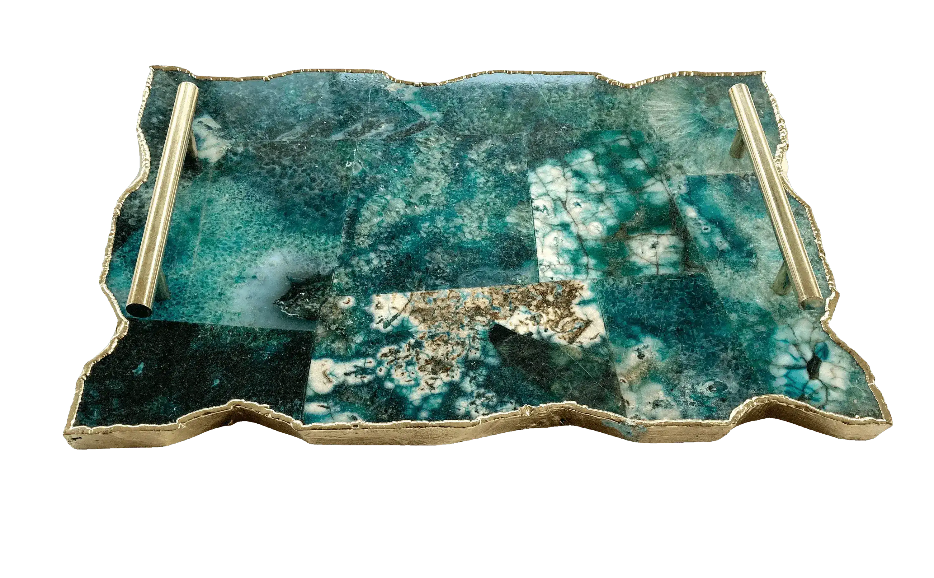 Large Composite Green Agate Serving Tray With Modern Brass Handles - Image 2