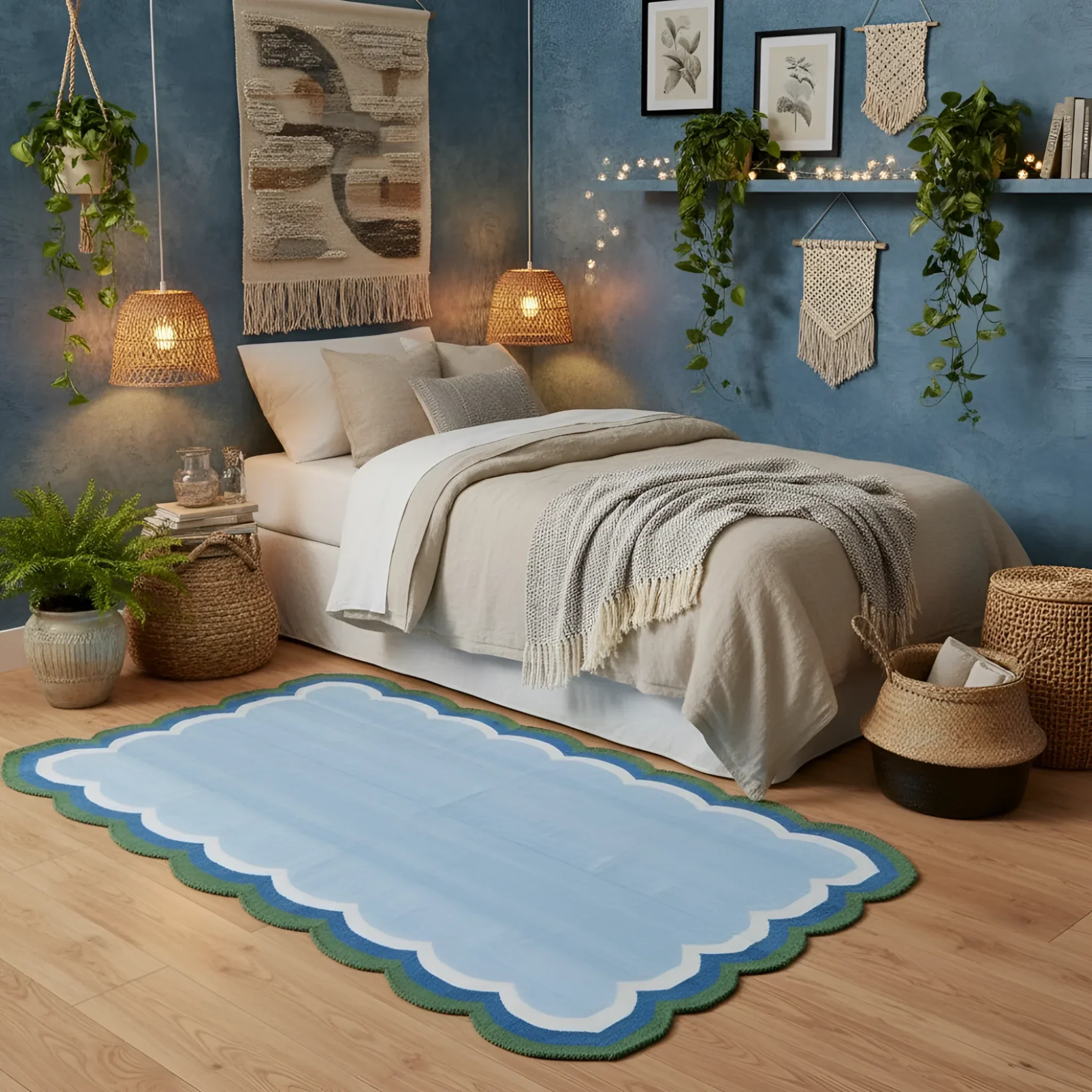 Light Blue Handmade Reversible Cotton Scalloped Rug 3' x 5' - Image 2