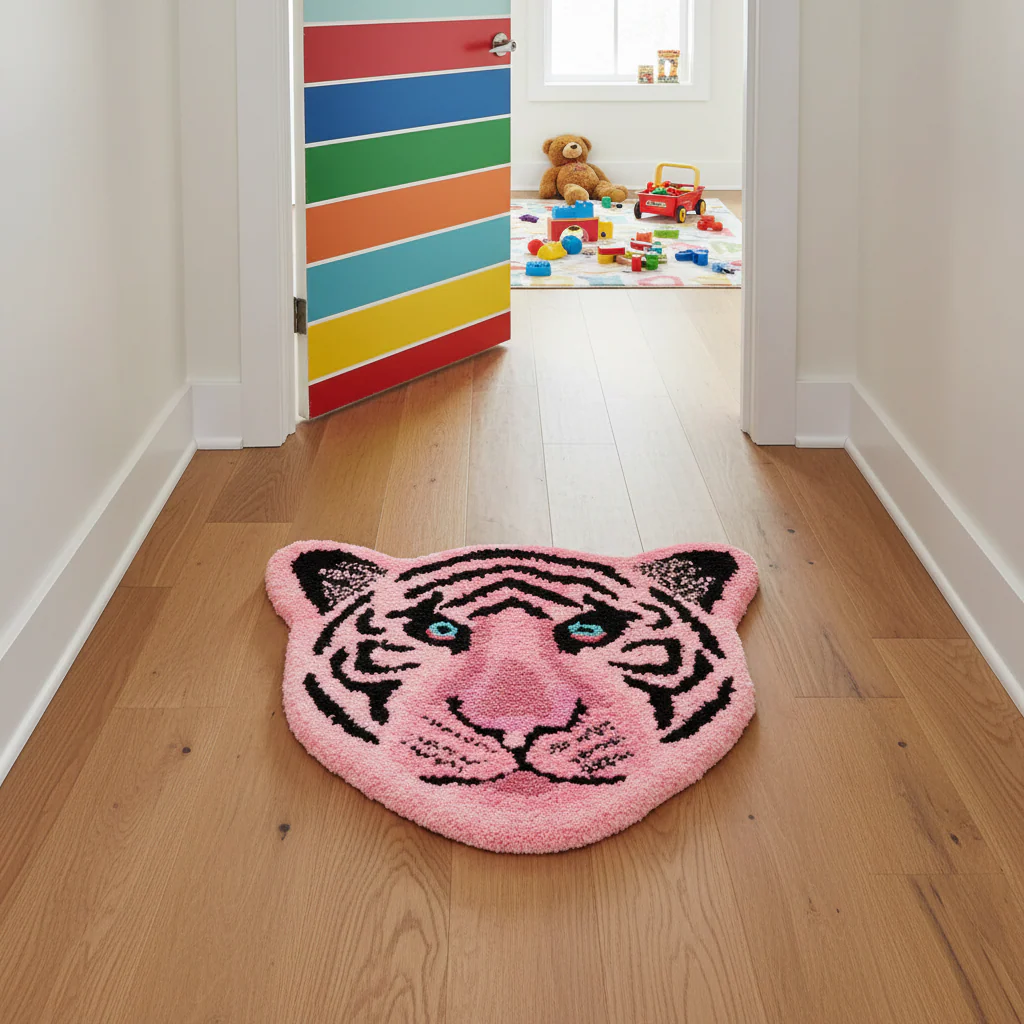 Light Pink Tiger Face Hand-Tufted Wool Accent Rug - Image 3