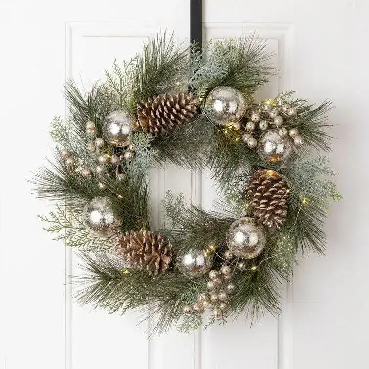 Lit Frosted Ball Berry Holly Pinecone Wreath With Lights