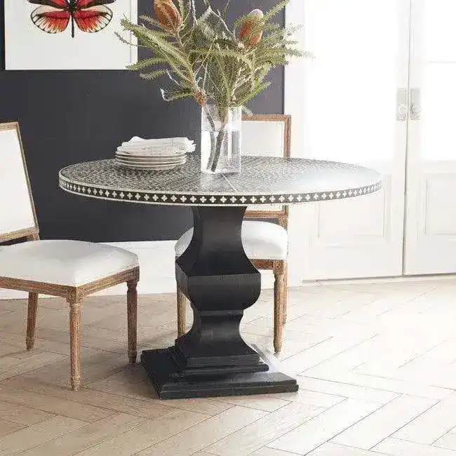 Lunar Hand Crafted Bone Inlay Floral Round Dining Table - Image 3