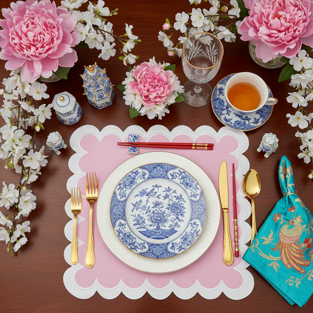 White Scalloped Pink Placemat set of 4 - Image 2