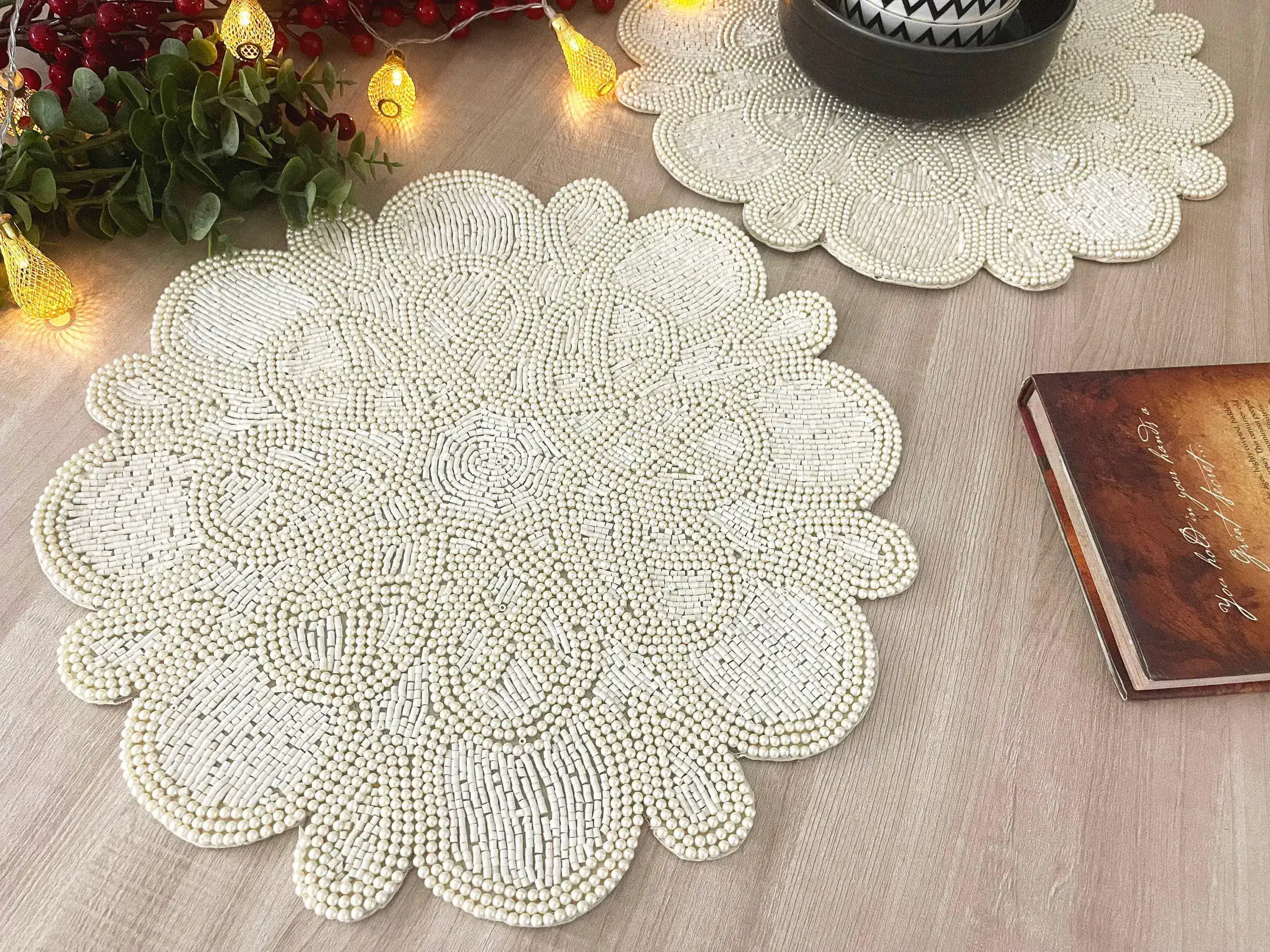Marrakesh Beaded Scallop Round Placemat - Beige - Image 5