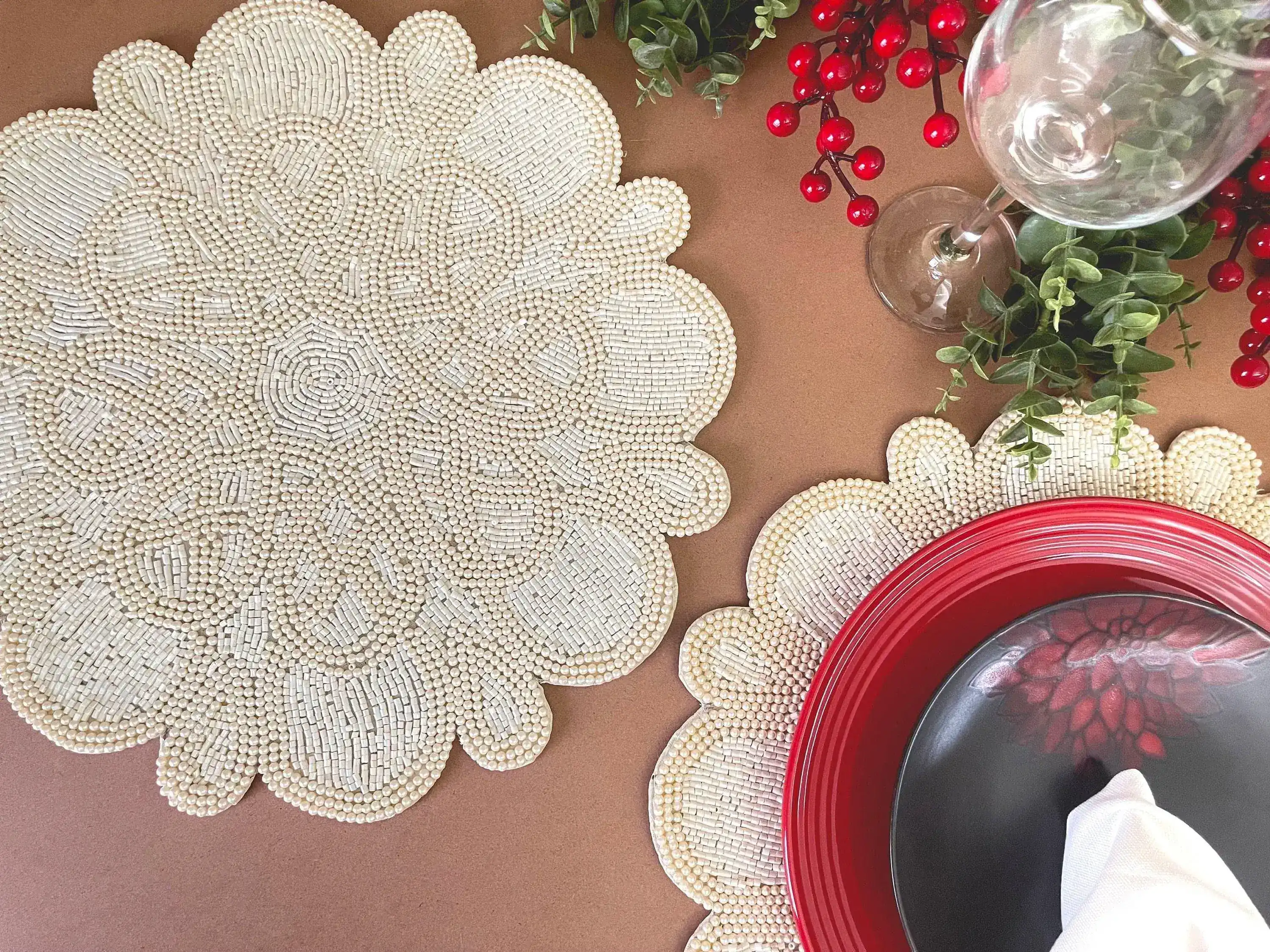 Marrakesh Beaded Scallop Round Placemat - Beige - Image 7