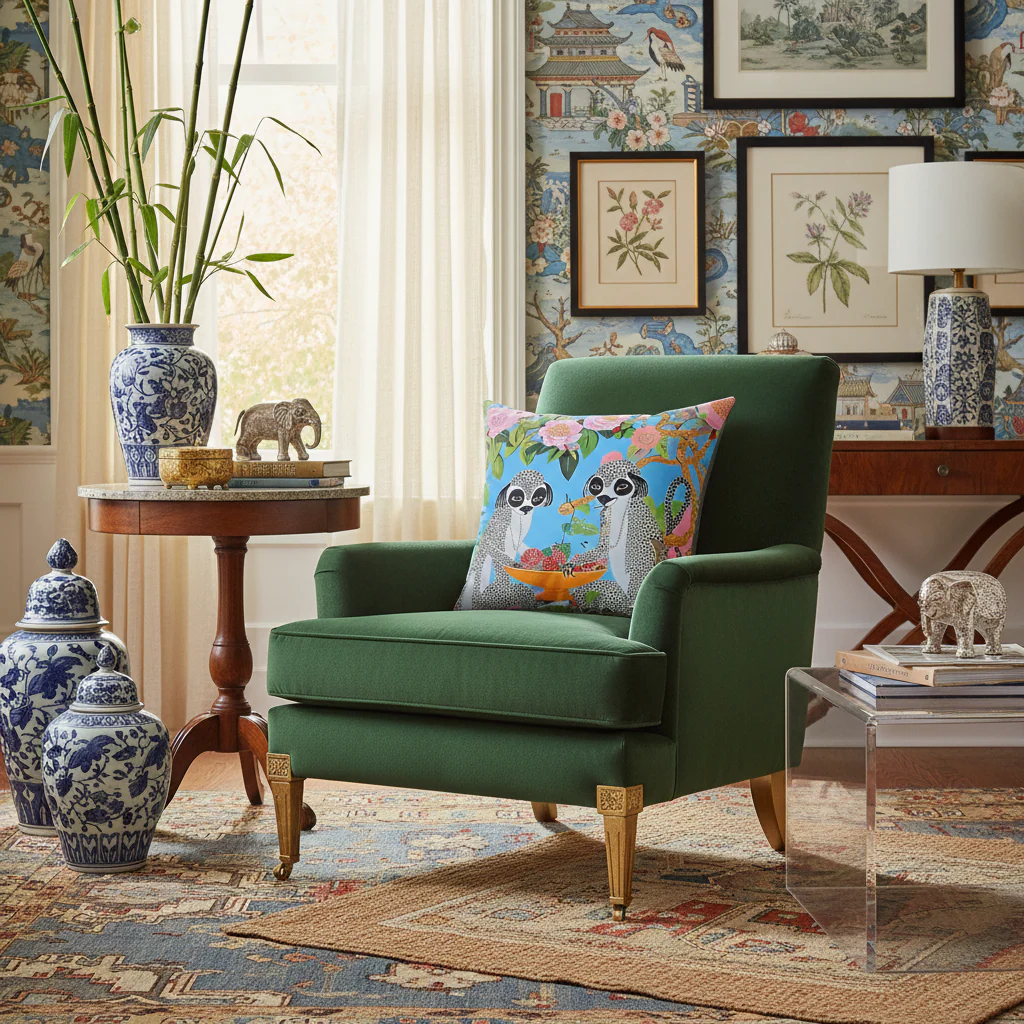 Maximalist Floral Monkeys Throw Pillow - Image 2