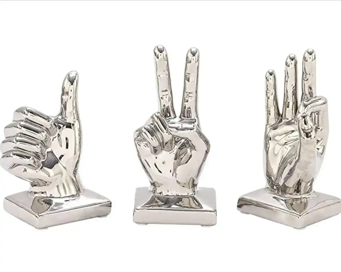 Metallic Polished Silver Hand Sculptures - Set of 3 - Image 2