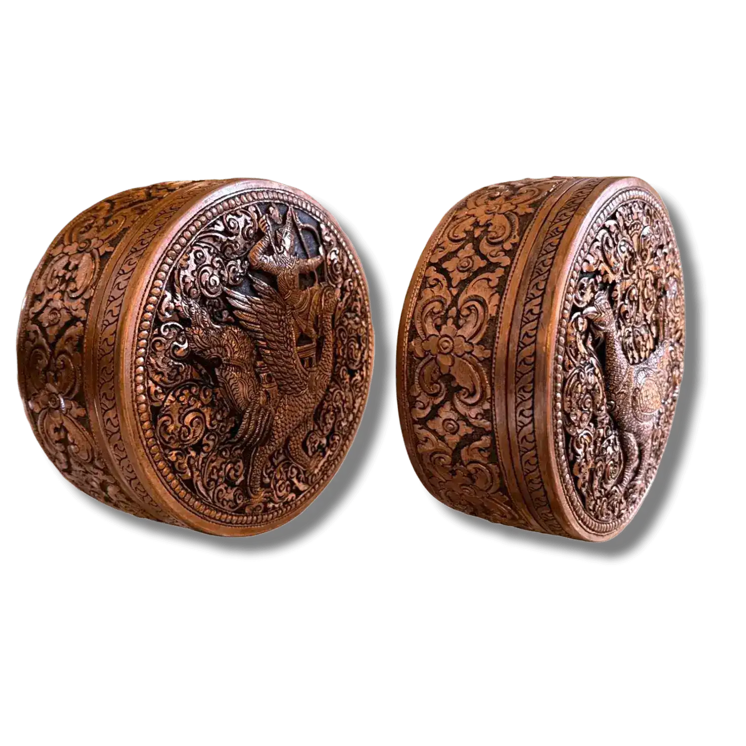 Mini Hand Engraved Solid Brass Niello Round Betel Box - Hamsa - Image 3