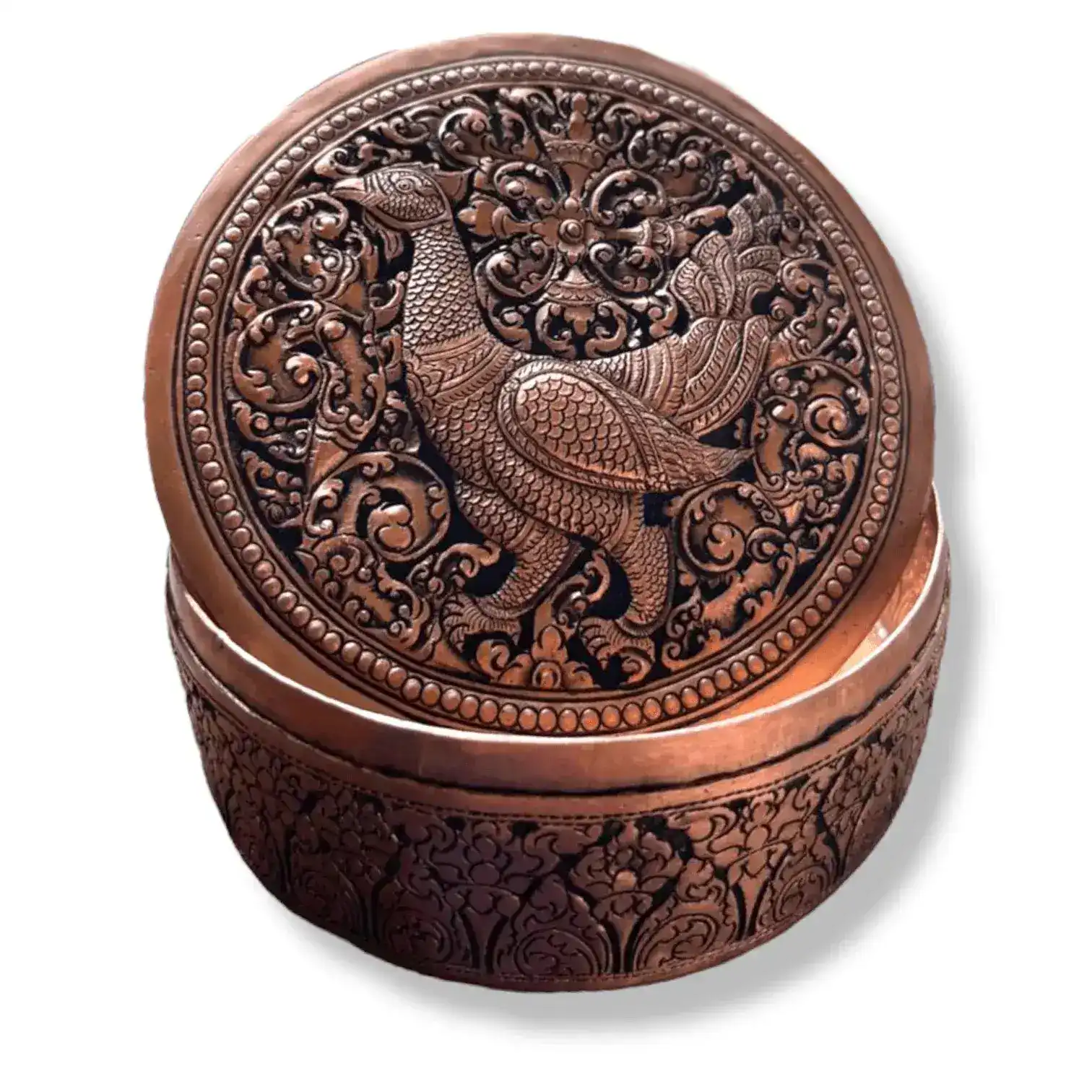 Mini Hand Engraved Solid Brass Niello Round Betel Box - Hamsa - Image 4