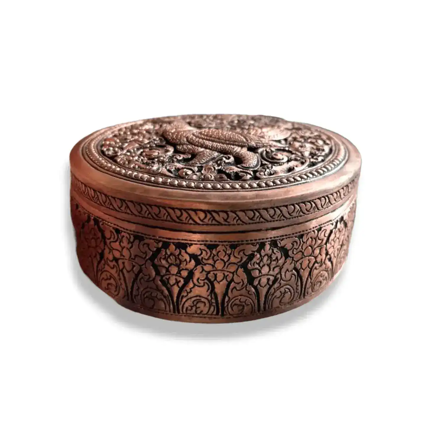 Mini Hand Engraved Solid Brass Niello Round Betel Box - Hamsa - Image 5