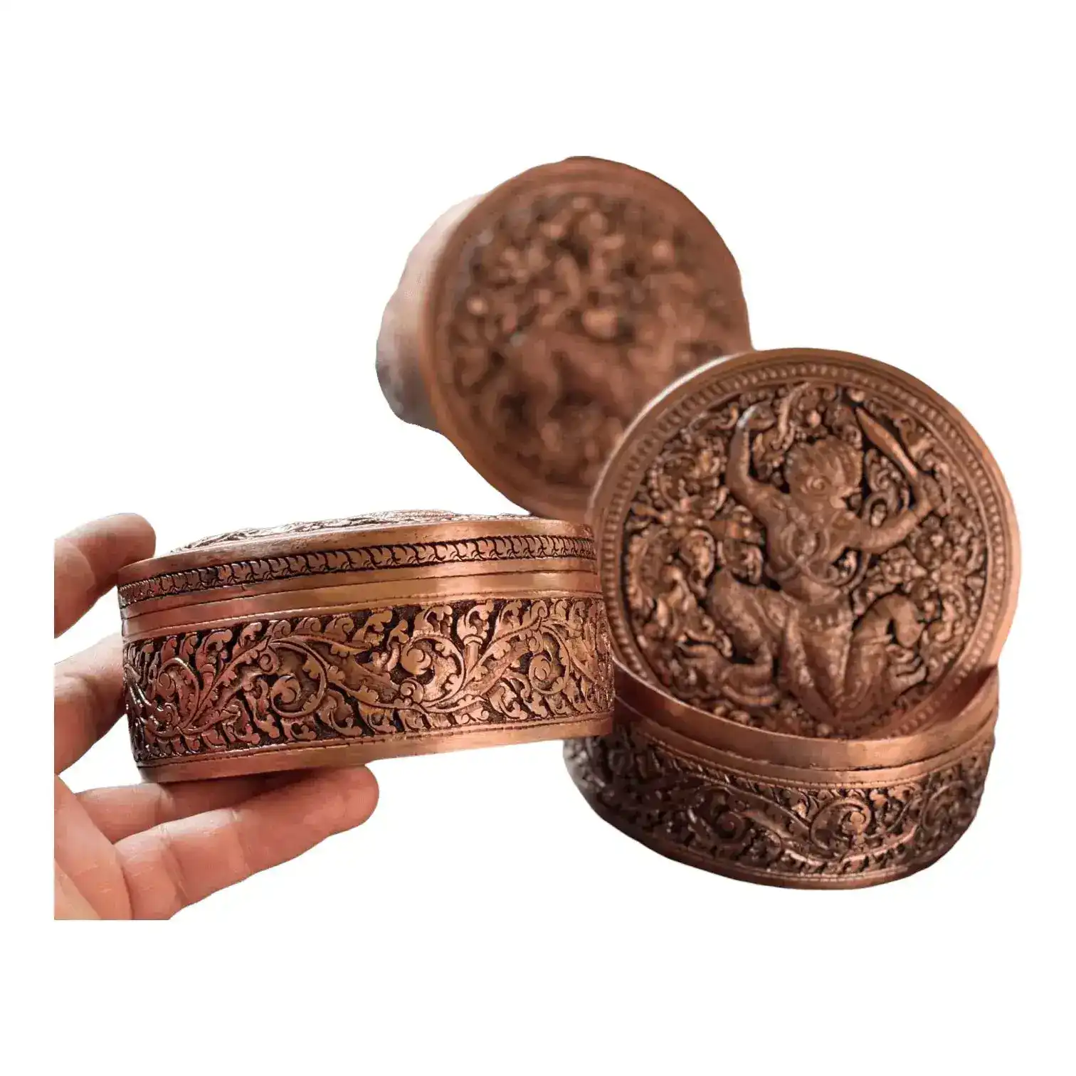 Mini Hand Engraved Solid Brass Niello Round Betel Box - Hamsa - Image 6
