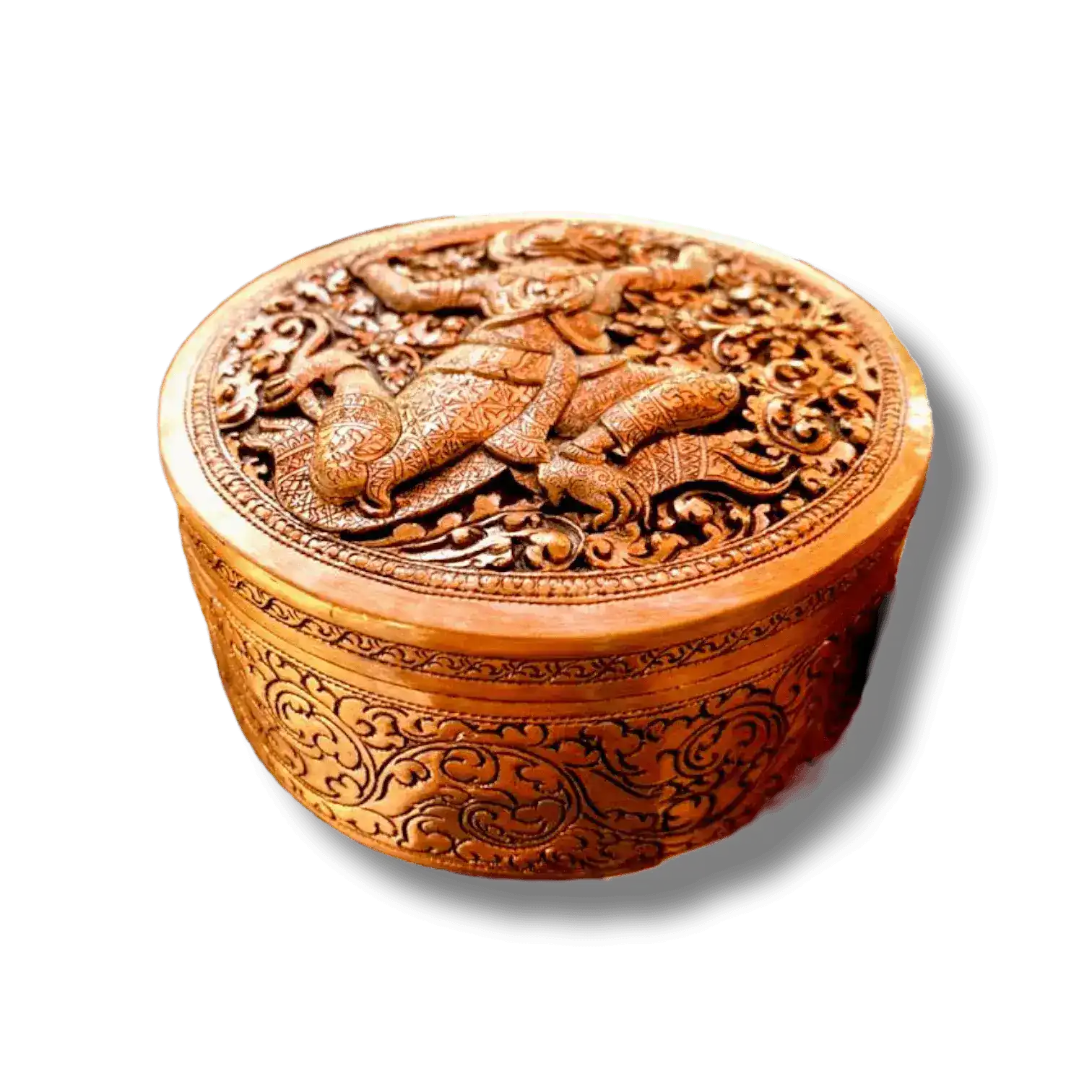 Mini Hand Engraved Solid Brass Niello Round Betel Box - Hanuman - Image 3