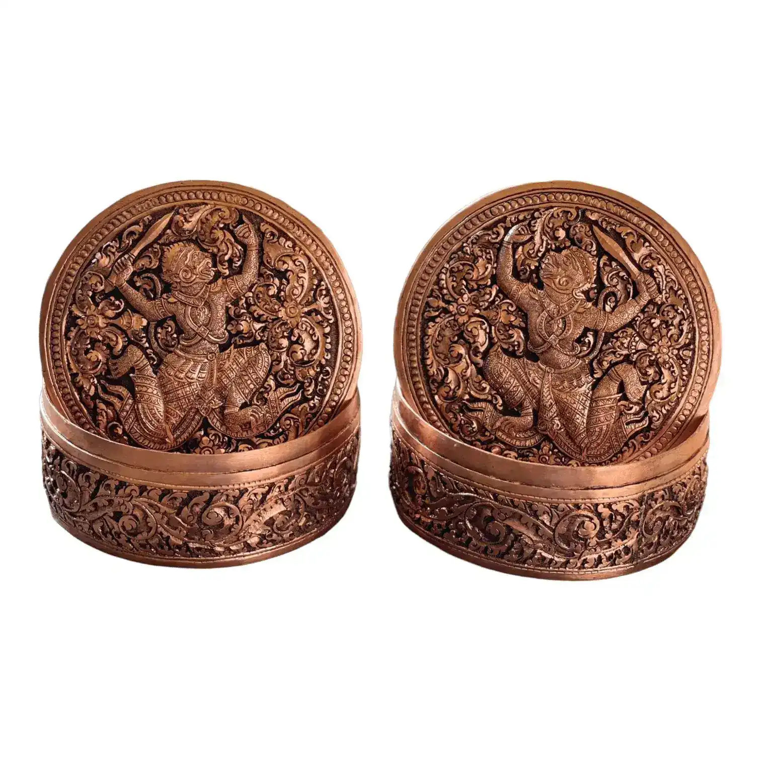 Mini Hand Engraved Solid Brass Niello Round Betel Box - Hanuman - Image 5