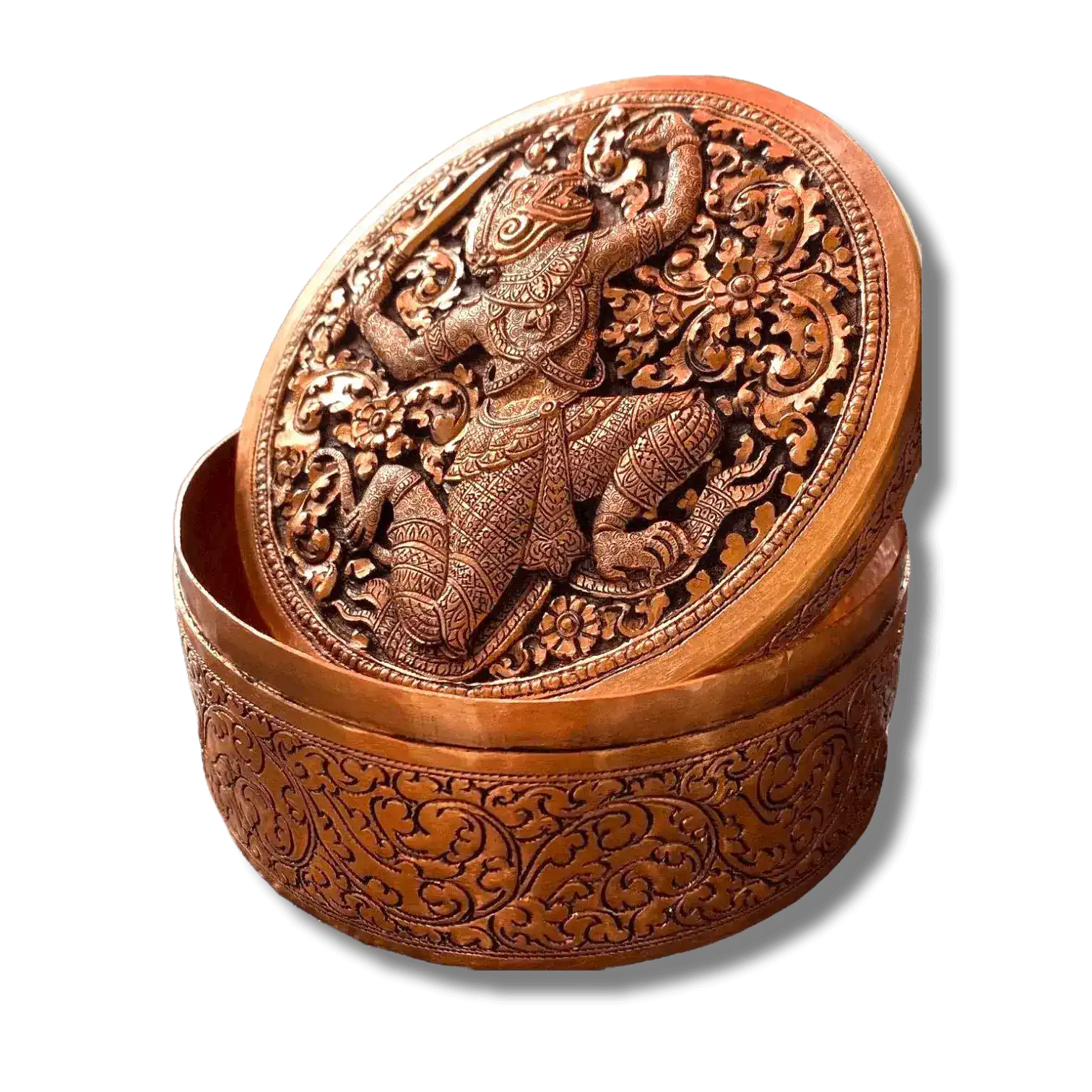 Mini Hand Engraved Solid Brass Niello Round Betel Box - Hanuman - Image 6