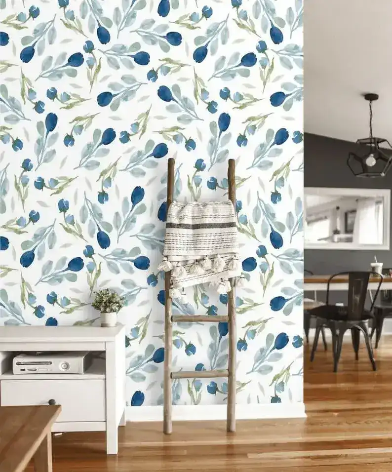 Minimalist Blue and White Floral Wallpaper - Image 3
