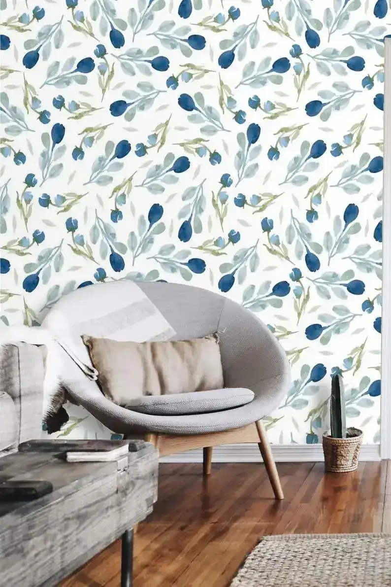 Minimalist Blue and White Floral Wallpaper - Image 4