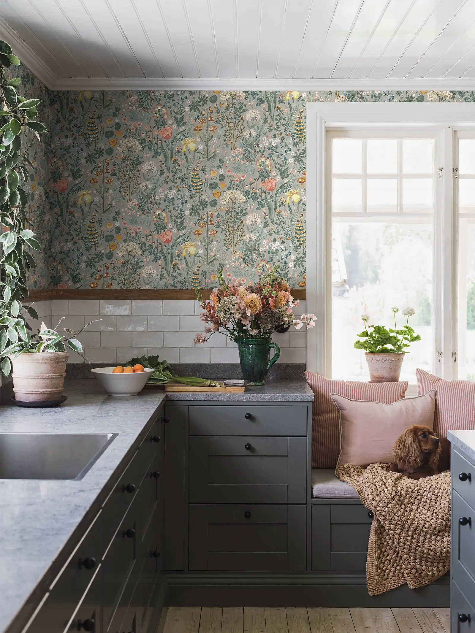 Mixed Blooms and Foliage Floral Wallpaper