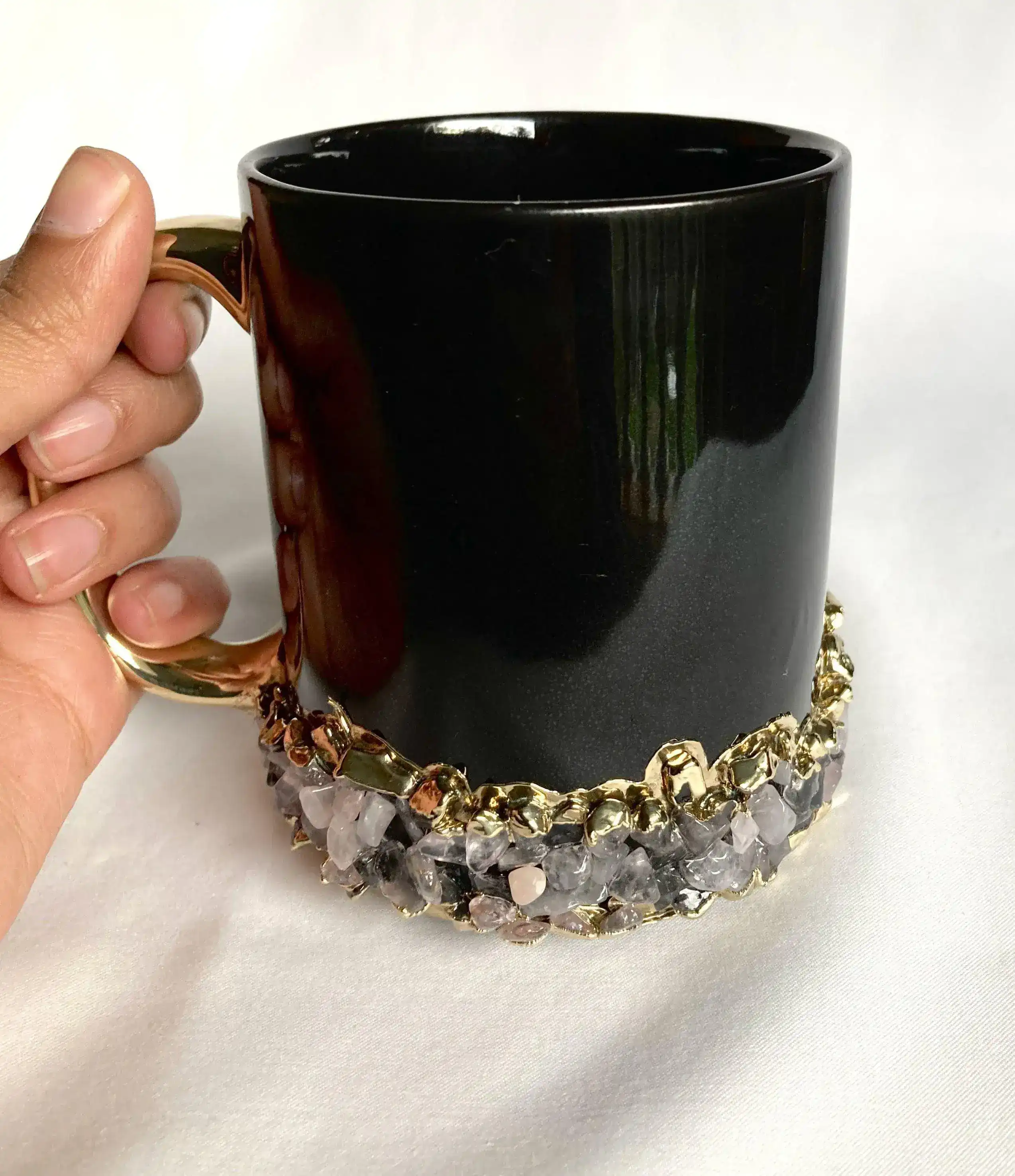 Mixed Quartz Marbled Black Ceramic Coffee Mug with Gold Handle - Set of 2 - Image 3