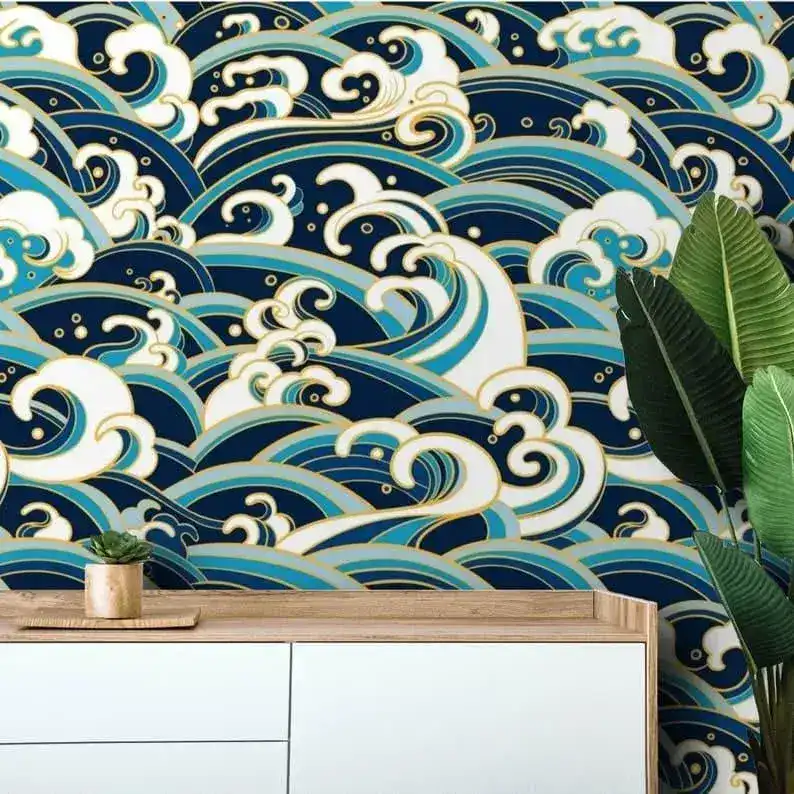 Modern Oriental Blue Waves Wallpaper - Image 2