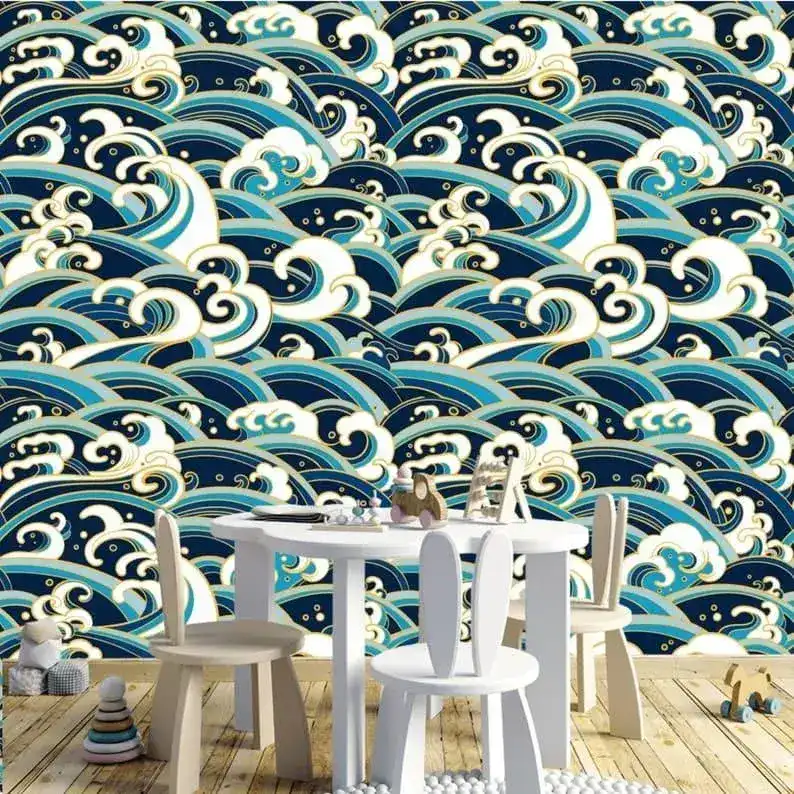 Modern Oriental Blue Waves Wallpaper - Image 4