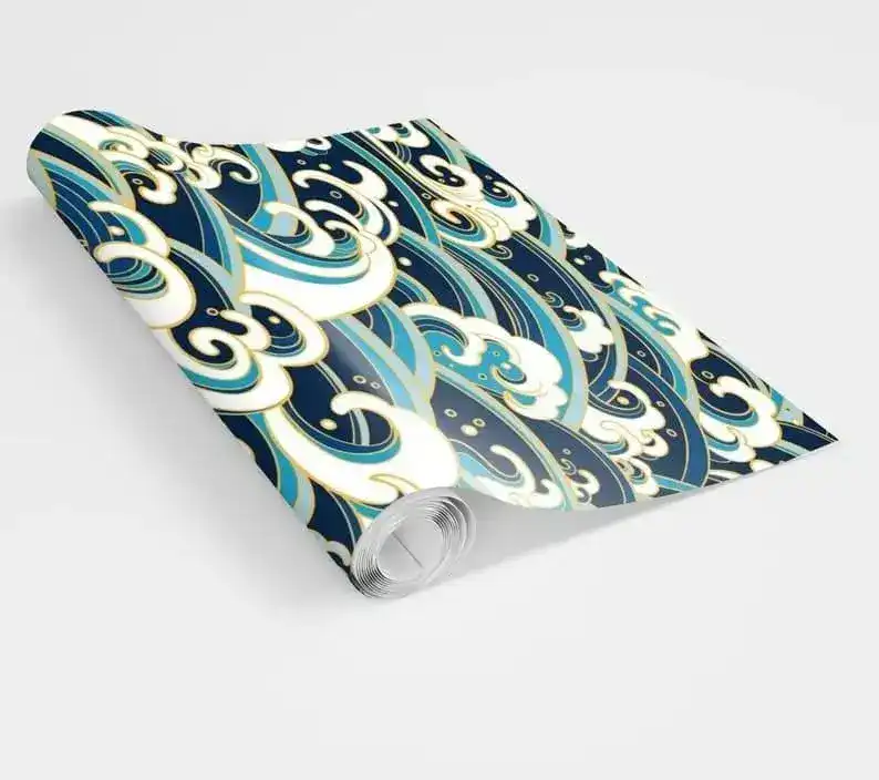Modern Oriental Blue Waves Wallpaper - Image 7